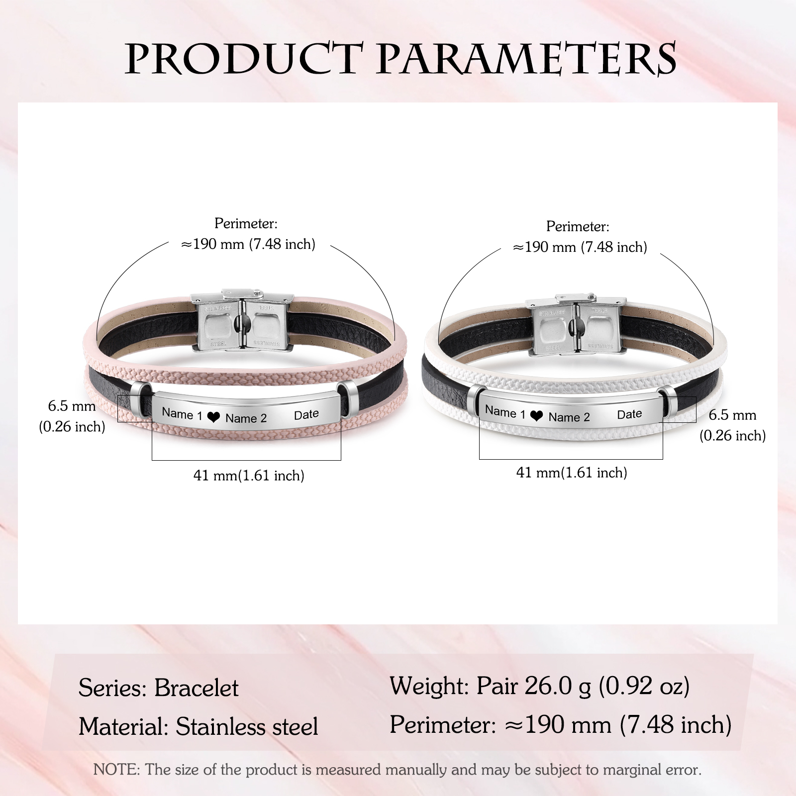 Pulseras de cuero para pareja con placa 2 nombres y fecha personalizados-Jessemade ES