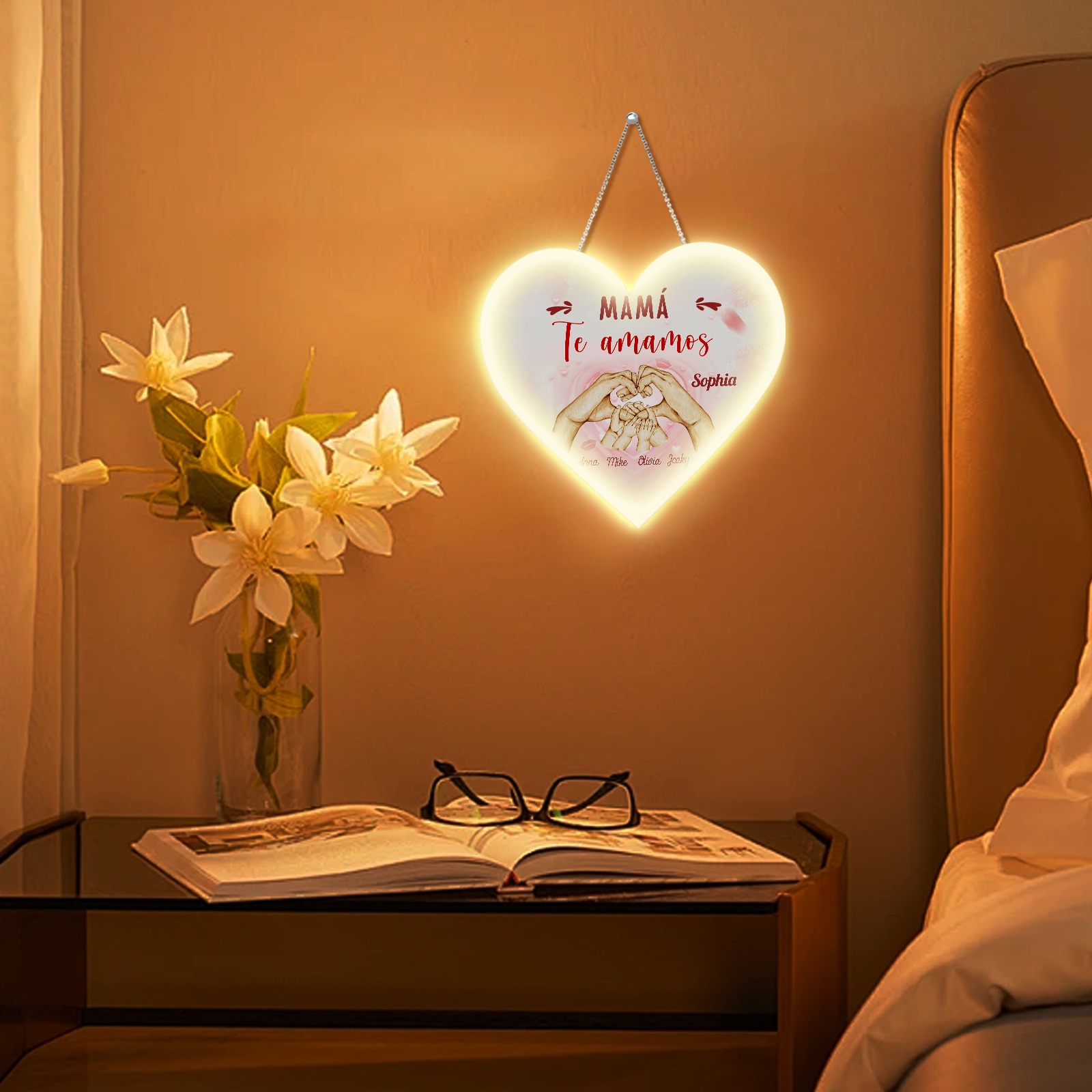 A mi mamá/abuela-Lámpara Colgante Personalizada con 2-5 Nombres y 2 Textos "mano a mano" 3D Ilusión Luz de Noche-Jessemade ES