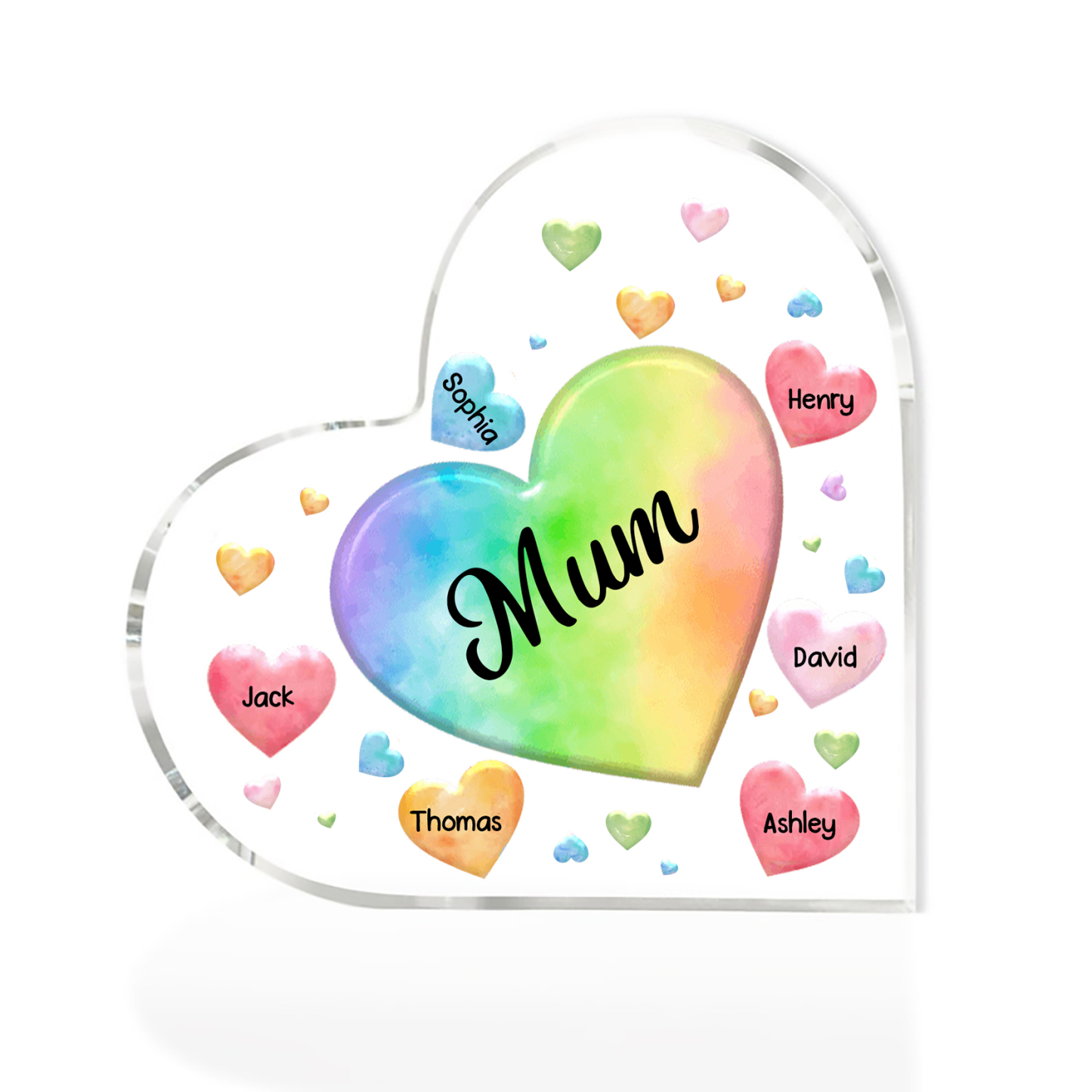 A mi mamá/abuela-Placa de acrílico "Corazones" en forma de corazón 6 nombres y 1 texto personalizados-Jessemade ES