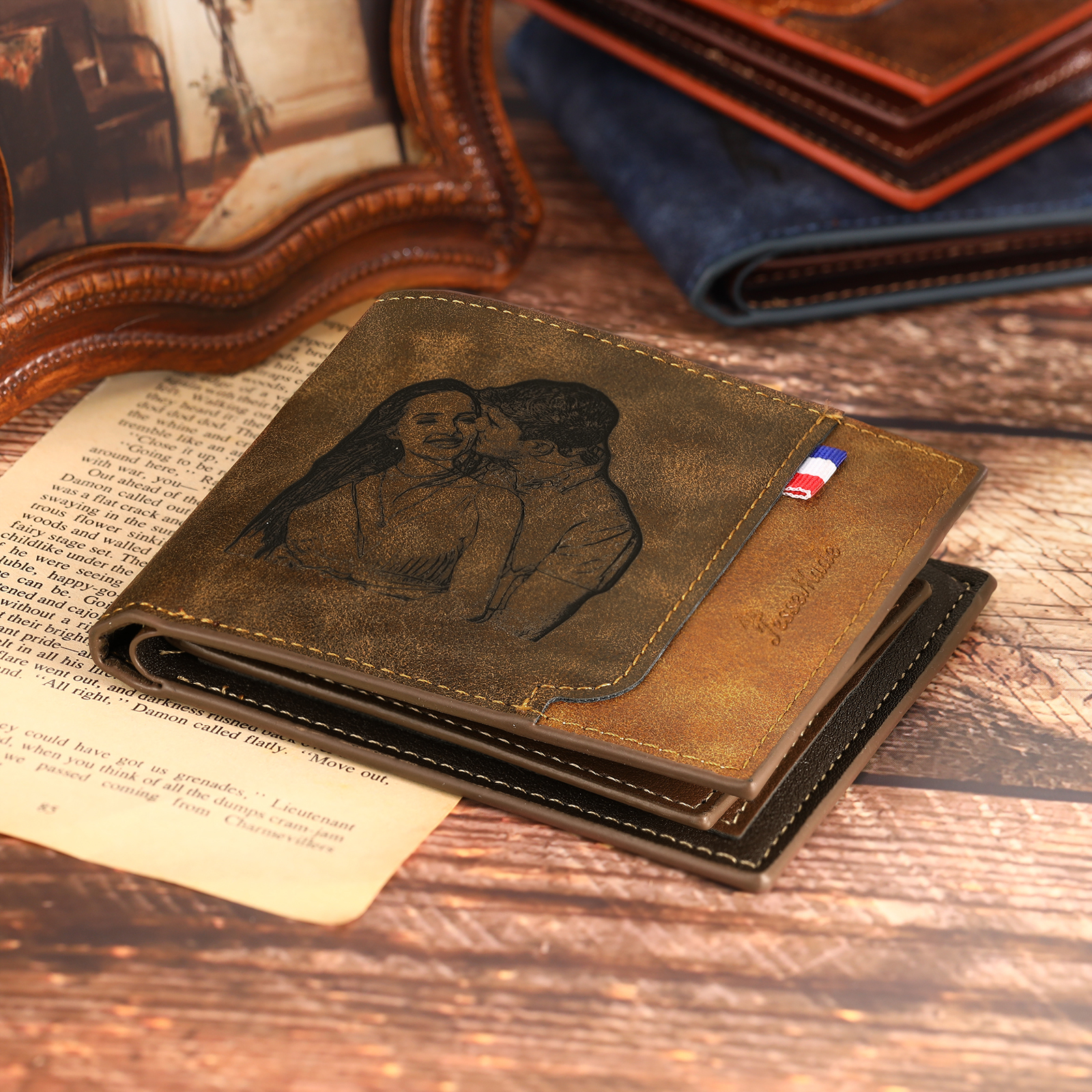 Cartera, billetera personalizada con 1 foto, 1 nombre y 1 letra monedero para hombre-Jessemade ES