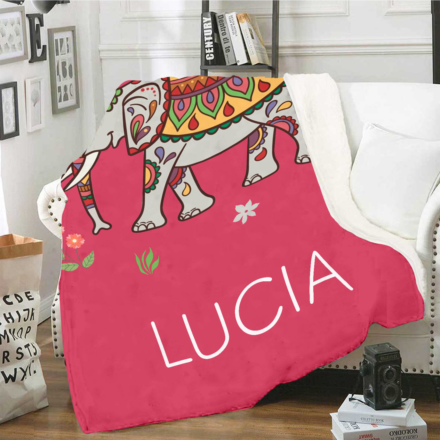 Manta de buen calidad con Elefante personalizada con 1 nombre-Jessemade ES