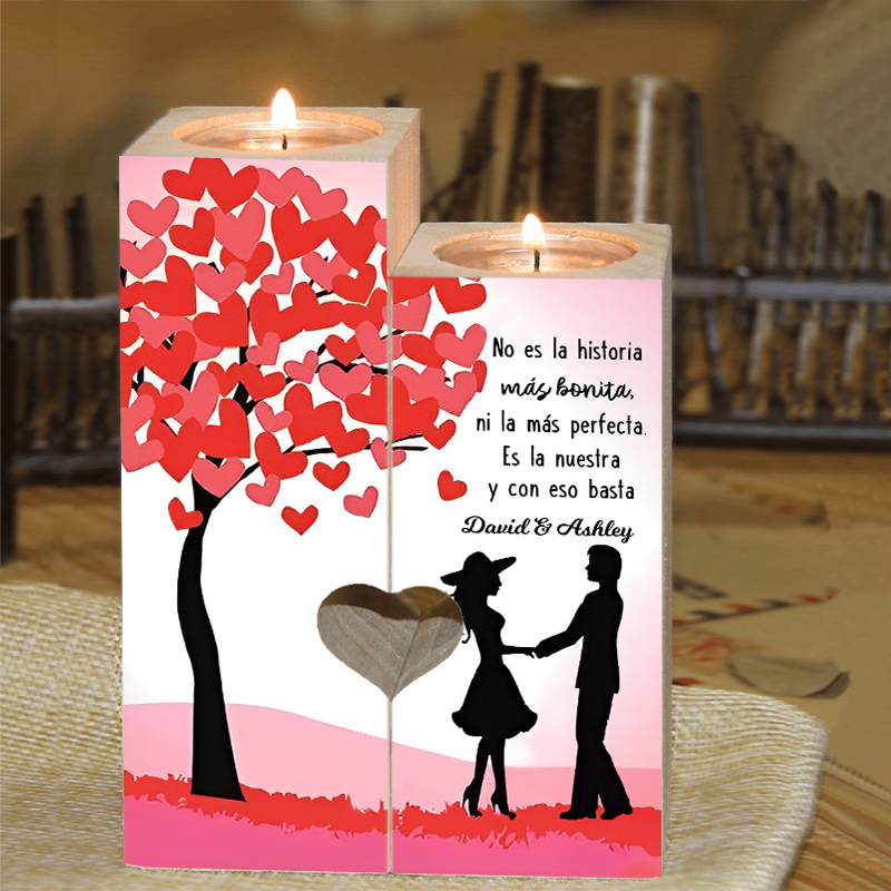 Candelero de siluetas de pareja de madera de dos piezas sin candela con 1 texto personalizado-Jessemade ES