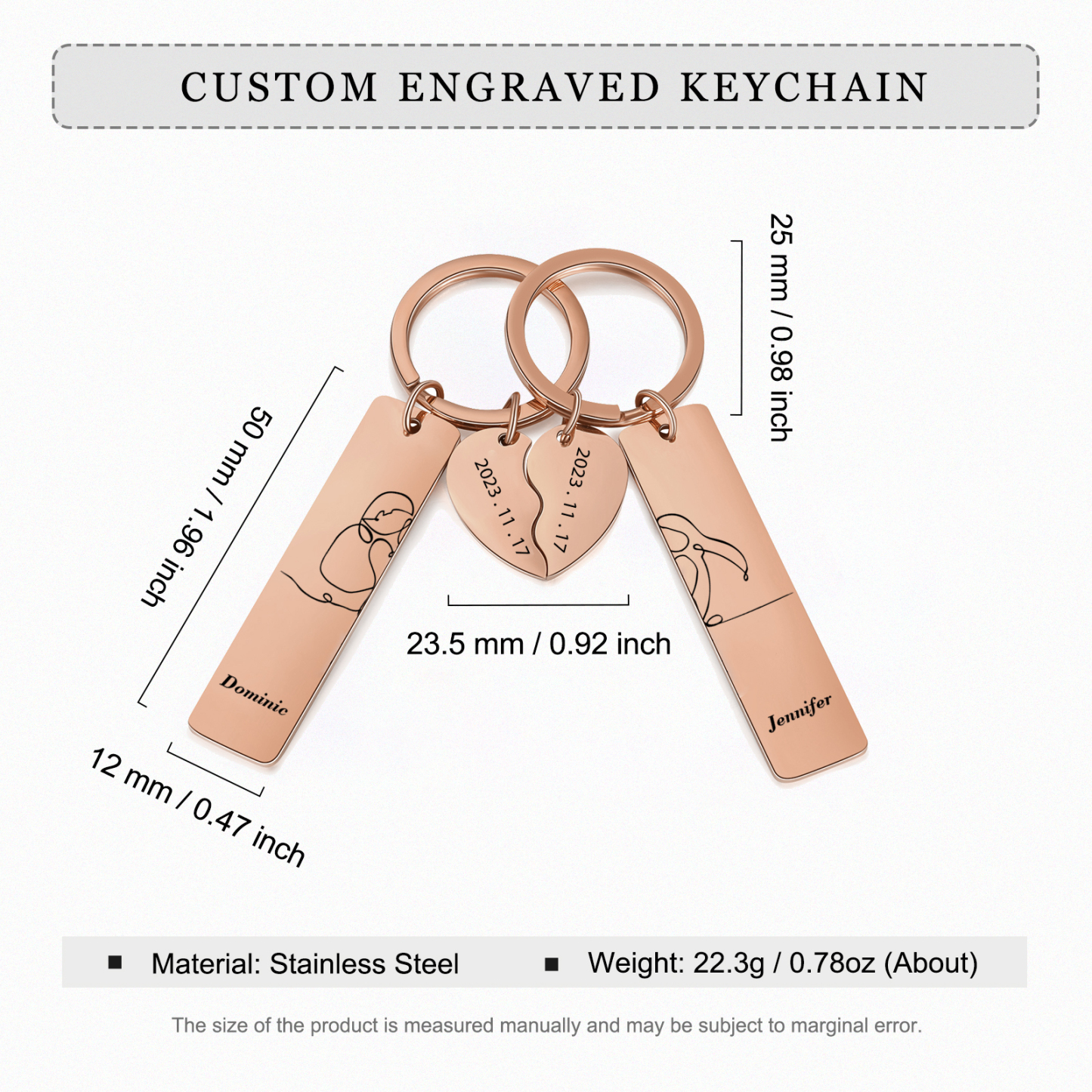 Llavero para pareja siluetas 2 nombres personalizados con fecha dije de medio corazón-Jessemade ES