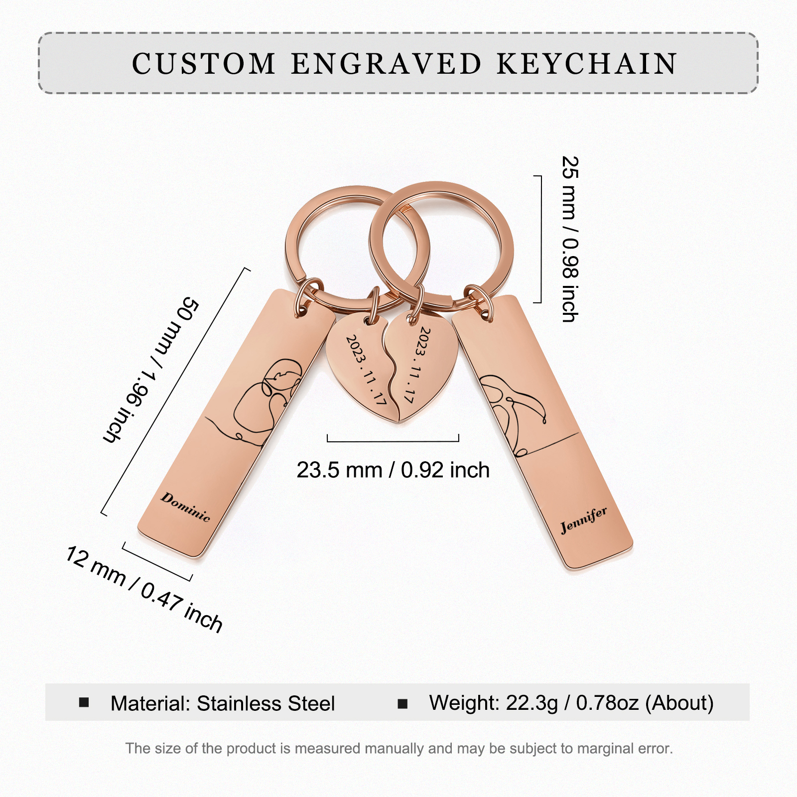 Llavero para pareja siluetas 2 nombres personalizados con fecha dije de medio corazón-Jessemade ES