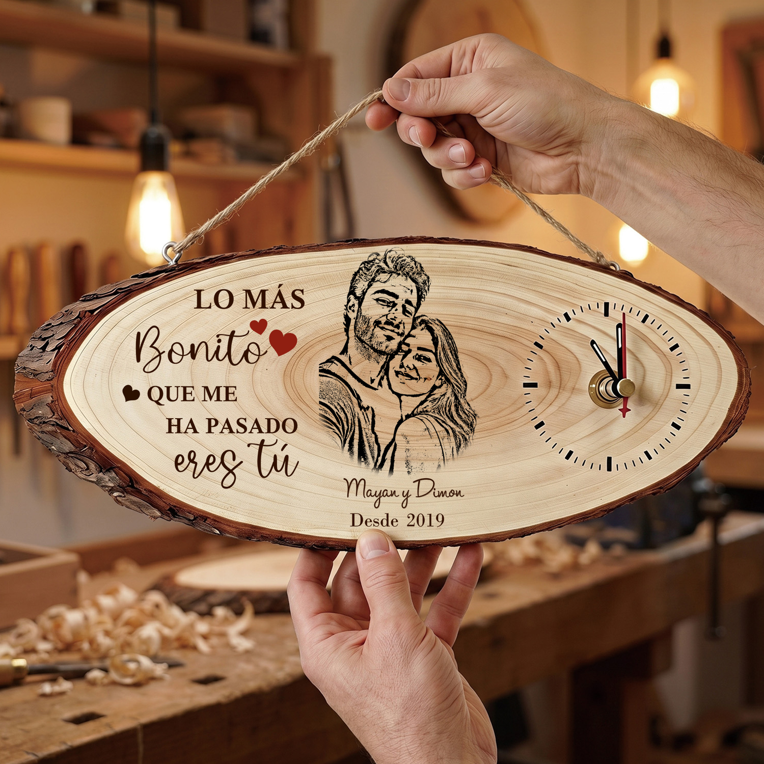 Reloj de Madera Personalizado para Pareja con Foto, 2 Nombres y Fecha – Regalo de Aniversario o San Valentín