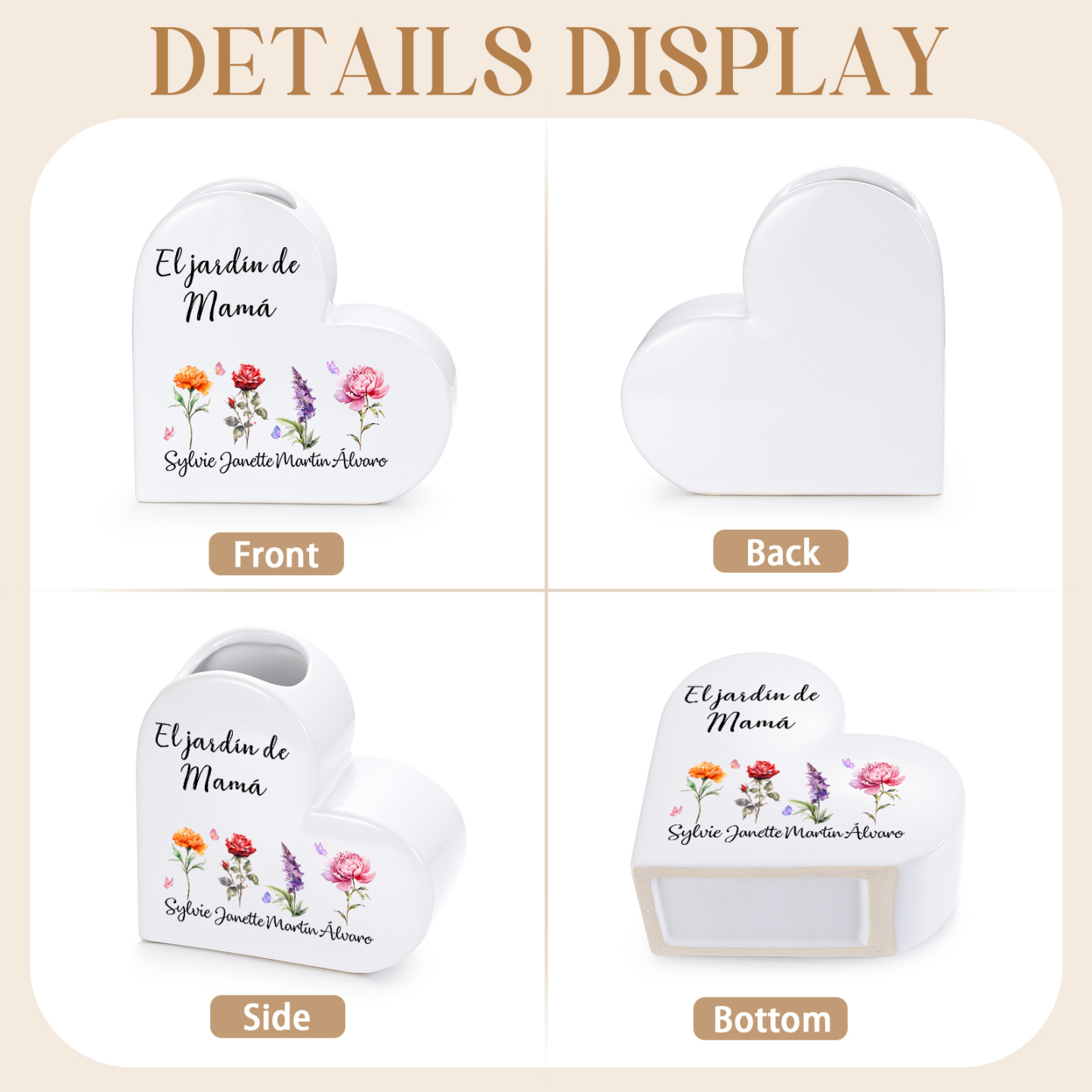 Jarrón de cerámica en forma de corazón personalizado con 1 a 12 flores de nacimiento y nombres de niños