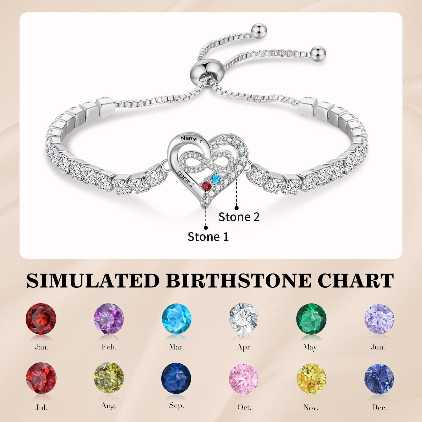 Pulsera de tenis personalizada con corazón infinito, 2-4 Nombres y piedras de nacimiento personalizables, ajustable con circonitas cúbicas
