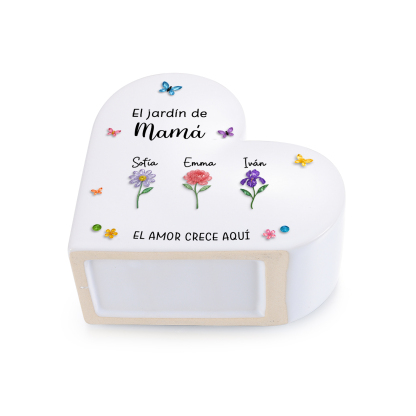 Jarrón de cerámica en forma de corazón personalizado con 1 a 10 nombres y flores de nacimiento para mamá/abuela