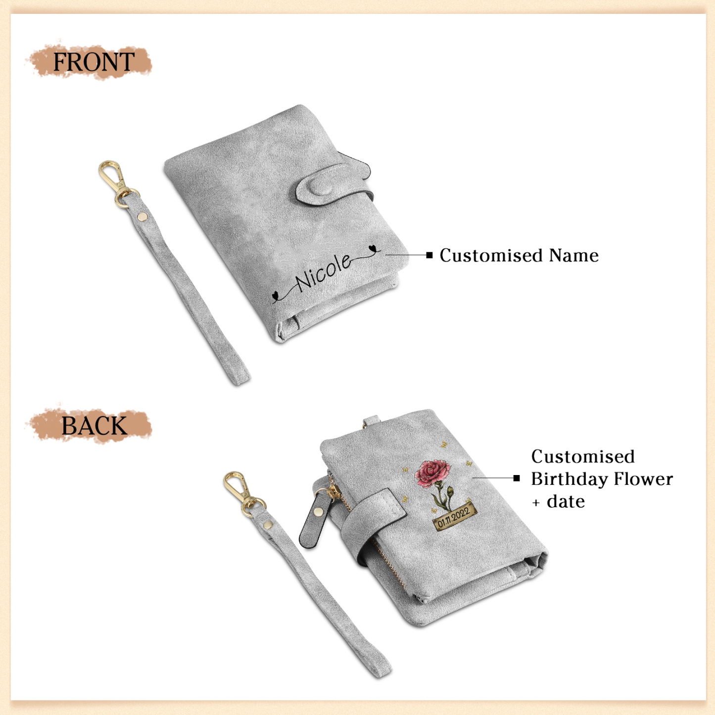 Cartera, billetera con 1 nombre, 1 fecha y 1 flor de nacimiento personalizados monedero clásico para mujer