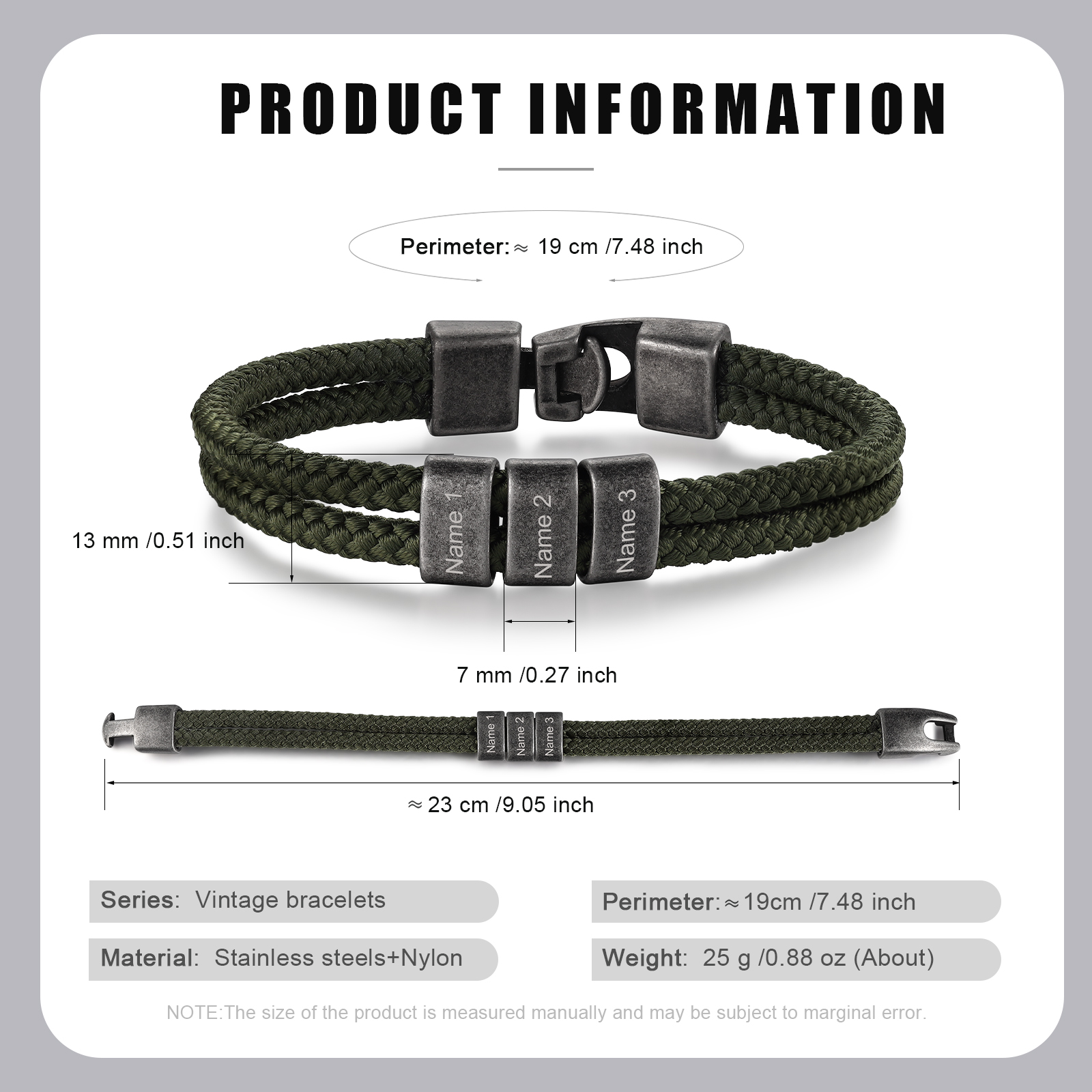 2-4 Nombres Personalizados Pulsera de Cuerda Verde Hiebra Aros de Acero Inoxidable-Jessemade ES