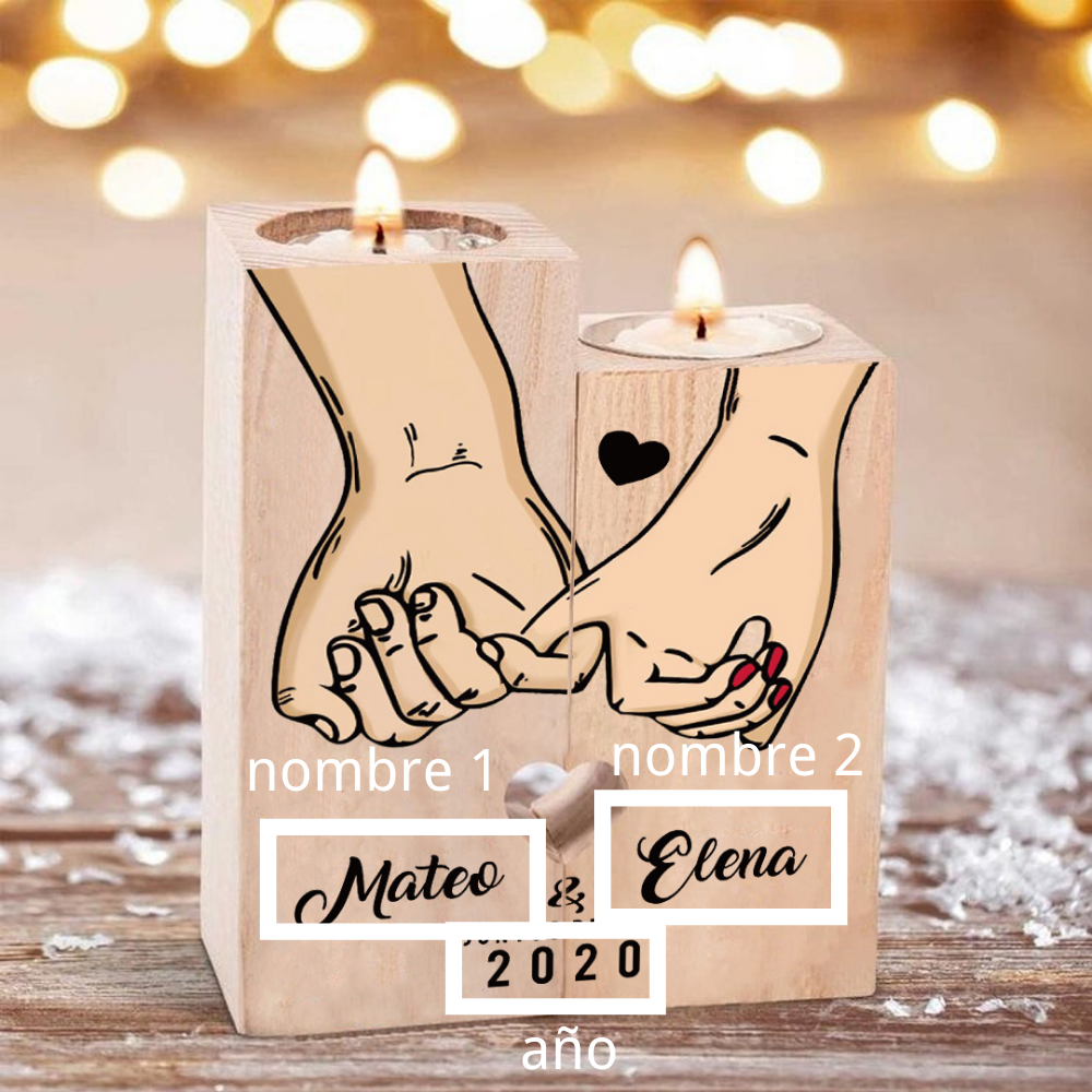 Pareja-Candelero de madera de dos piezas sin candela con nombres y año personalizados-Jessemade ES