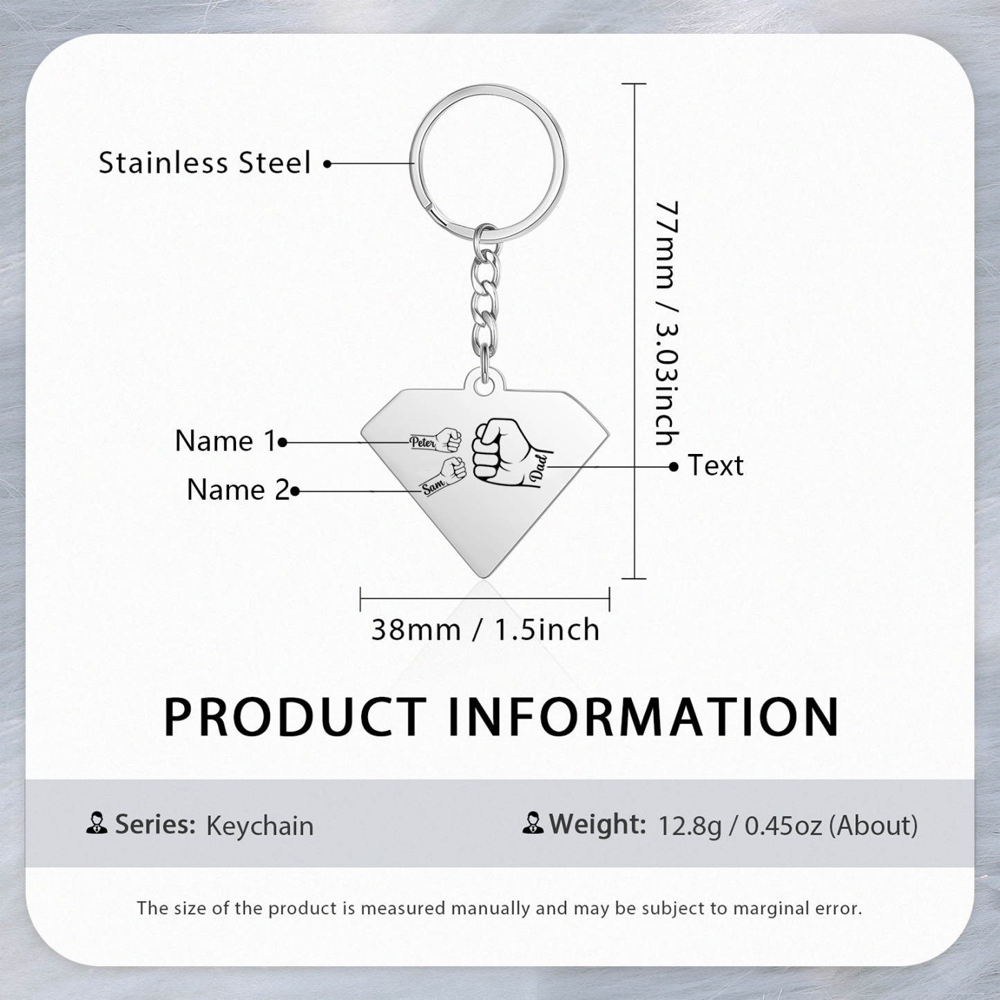 Llavero en forma de Superman puño con puño con 2 nombres personalizados con texto-Jessemade ES