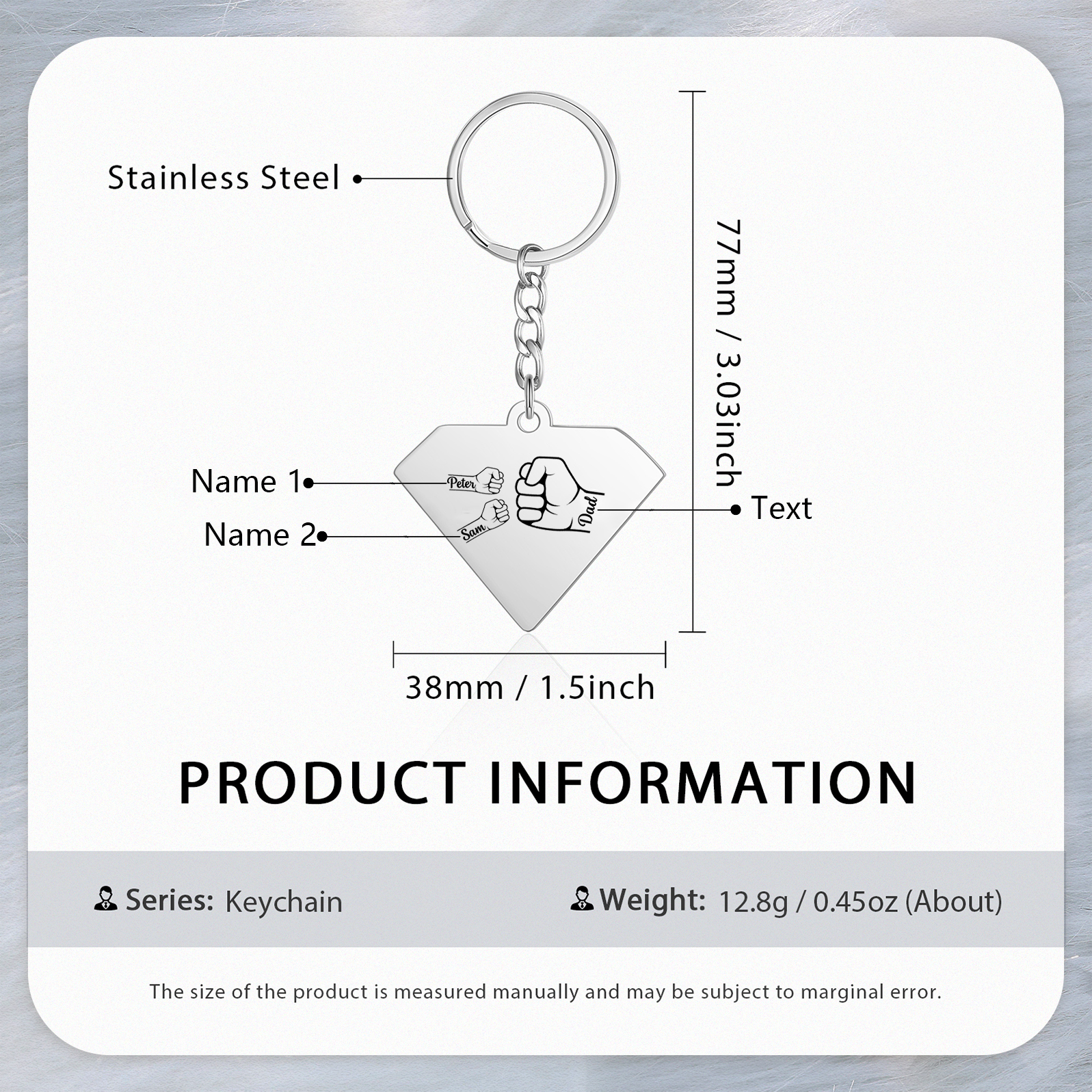 Llavero en forma de Superman puño con puño con 2 nombres personalizados con texto-Jessemade ES