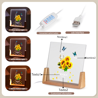 A mi mamá/abuela-Lámpara Personalizada con 2-8 Nombres y 2 Textos "girasol y mariposas" 3D Ilusión Luz de Noche-Jessemade ES