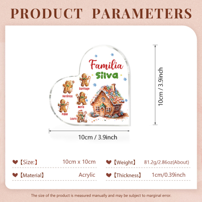 Navidad - Placa de acrílico en forma de corazón jengibres y su casa con 5 nombres y 1 texto personalizados-Jessemade ES