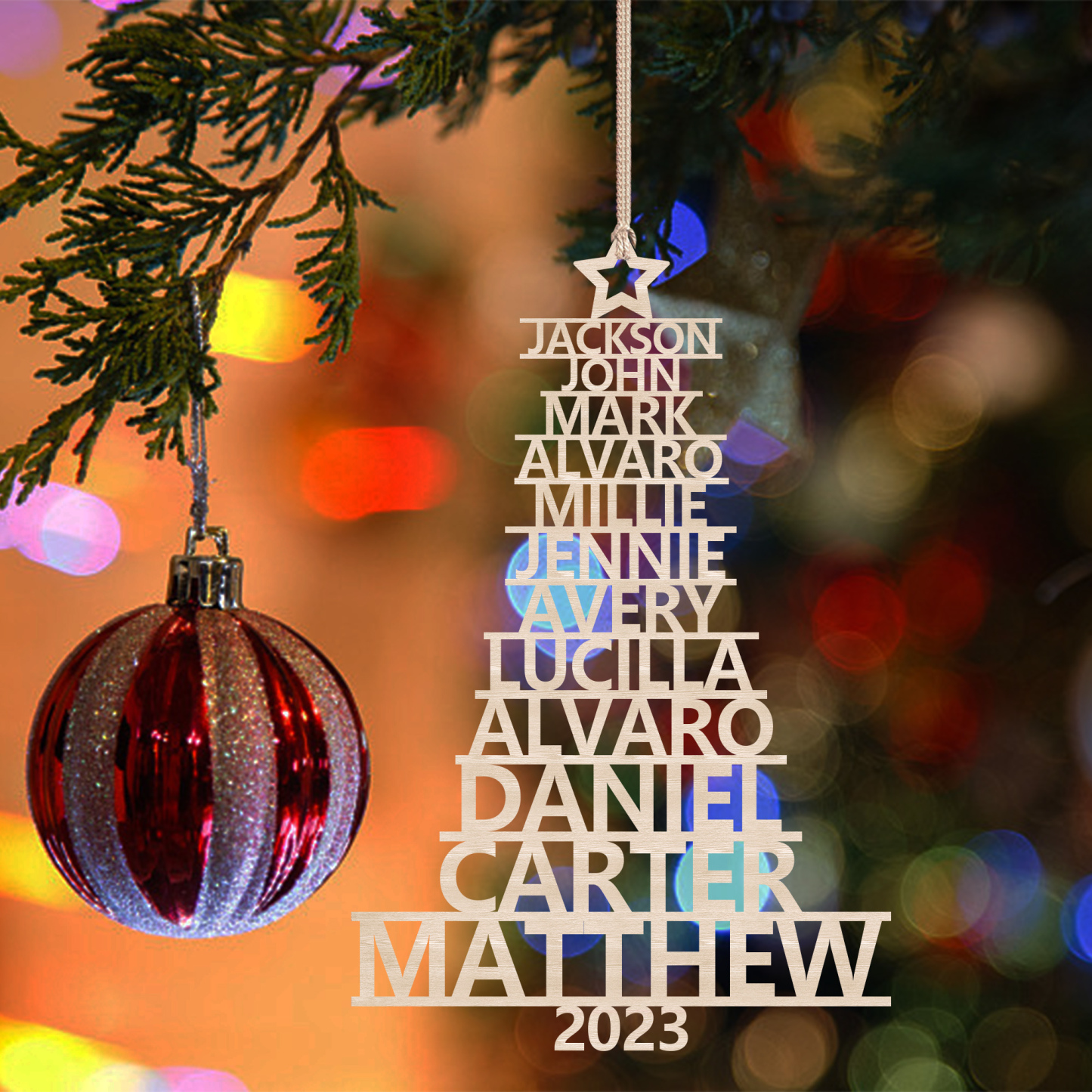 Navidad-Ornamento navideño de madera árbol de nombres con 12 nombres y año personalizados