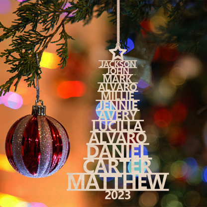Navidad-Ornamento navideño de madera árbol de nombres con 12 nombres y año personalizados