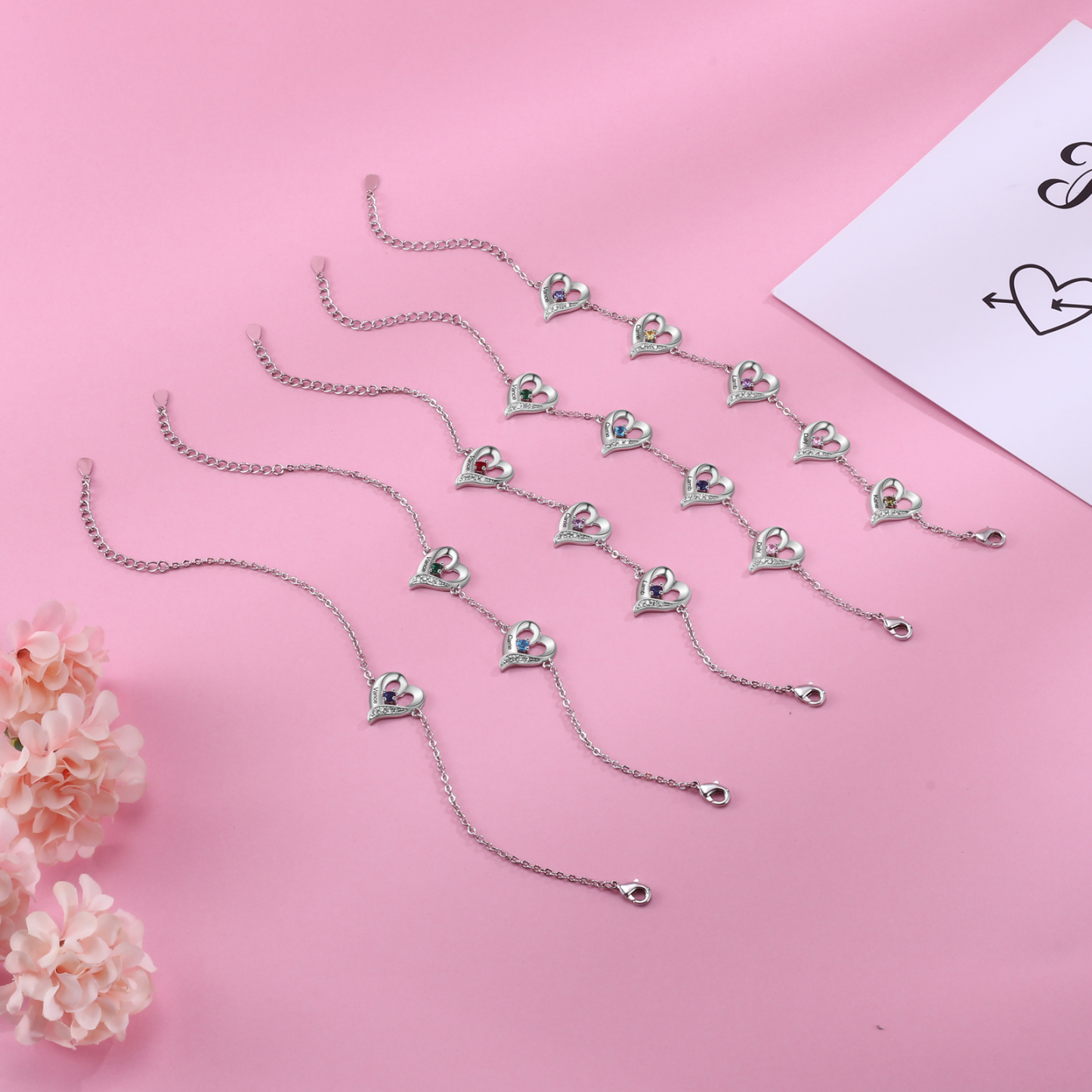 Pulsera de Corazón 1 Nombre Personalizado con 1 Piedra de Nacimiento-Jessemade ES