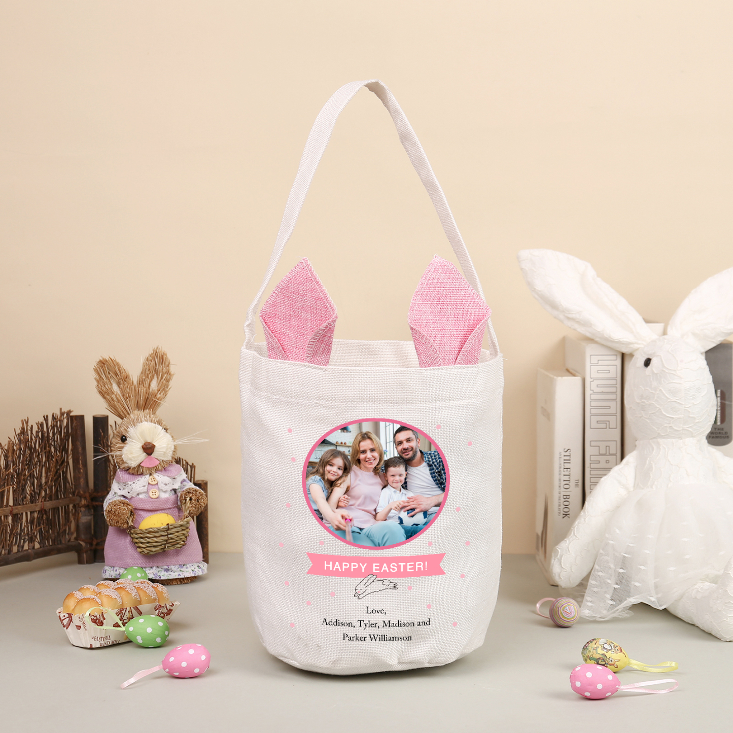 Pascua-Bolsa de conejo con 2 textos y 1 foto personalizados-Jessemade ES