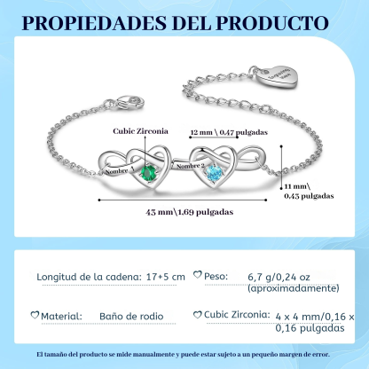 Pulsera para mujer de corazones entrelazados con 2-6 nombres y piedras personalizados color plateado | Jessemade