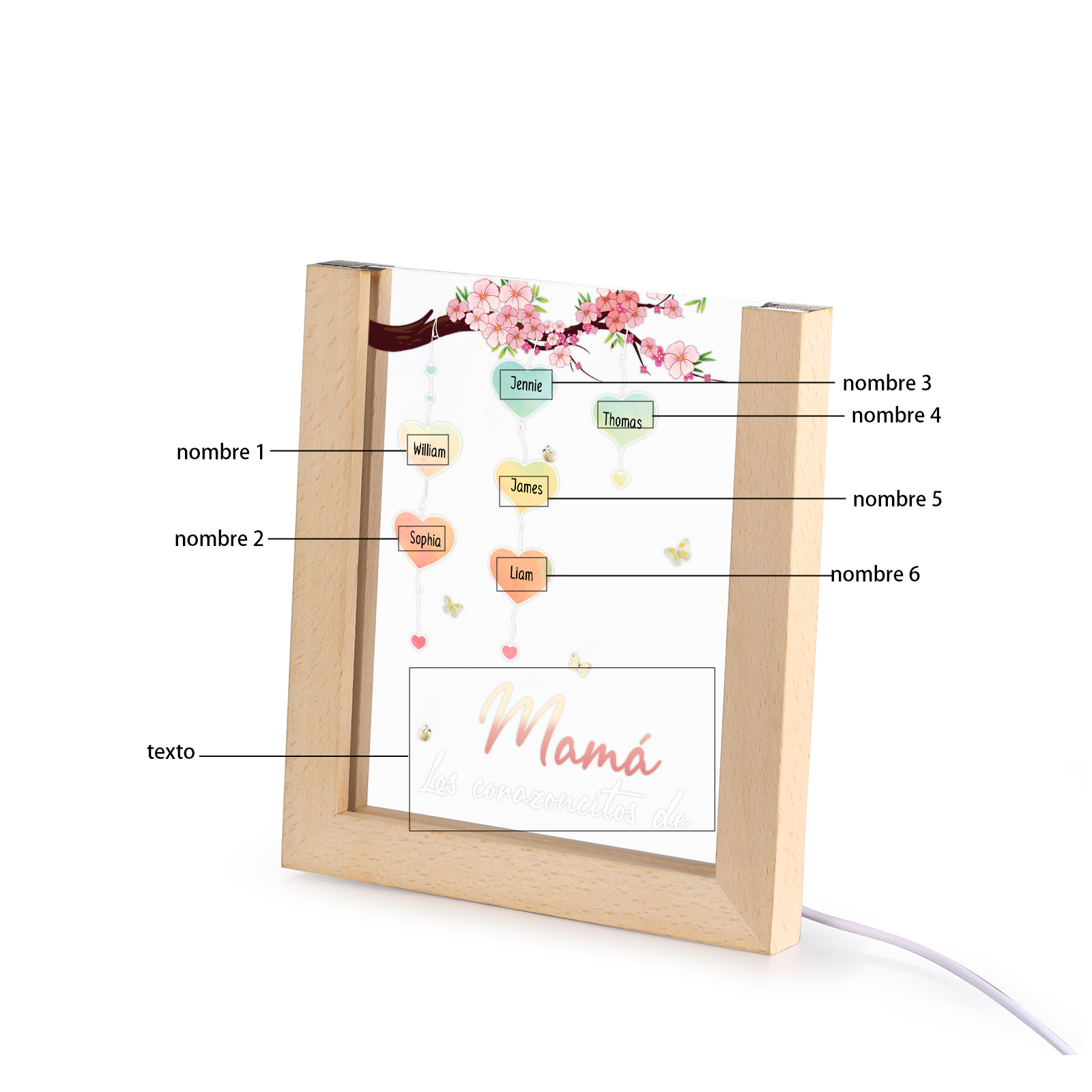 A mi mamá/abuela-Lámpara Personalizada con 2-8 Nombres y Texto "árbol y corazones" 3D Ilusión Luz de Noche-Jessemade ES