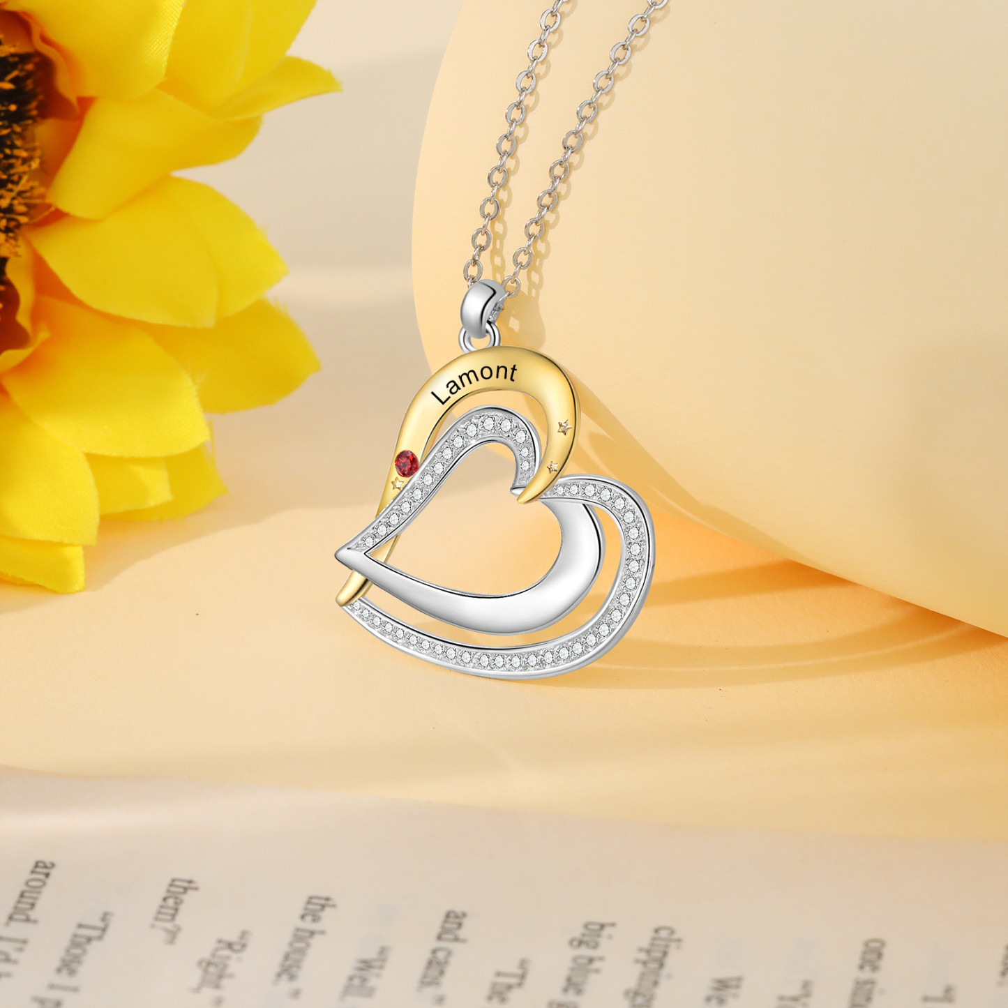 Collar de corazón con 1 nombre y piedra de nacimiento personalizados-Jessemade ES