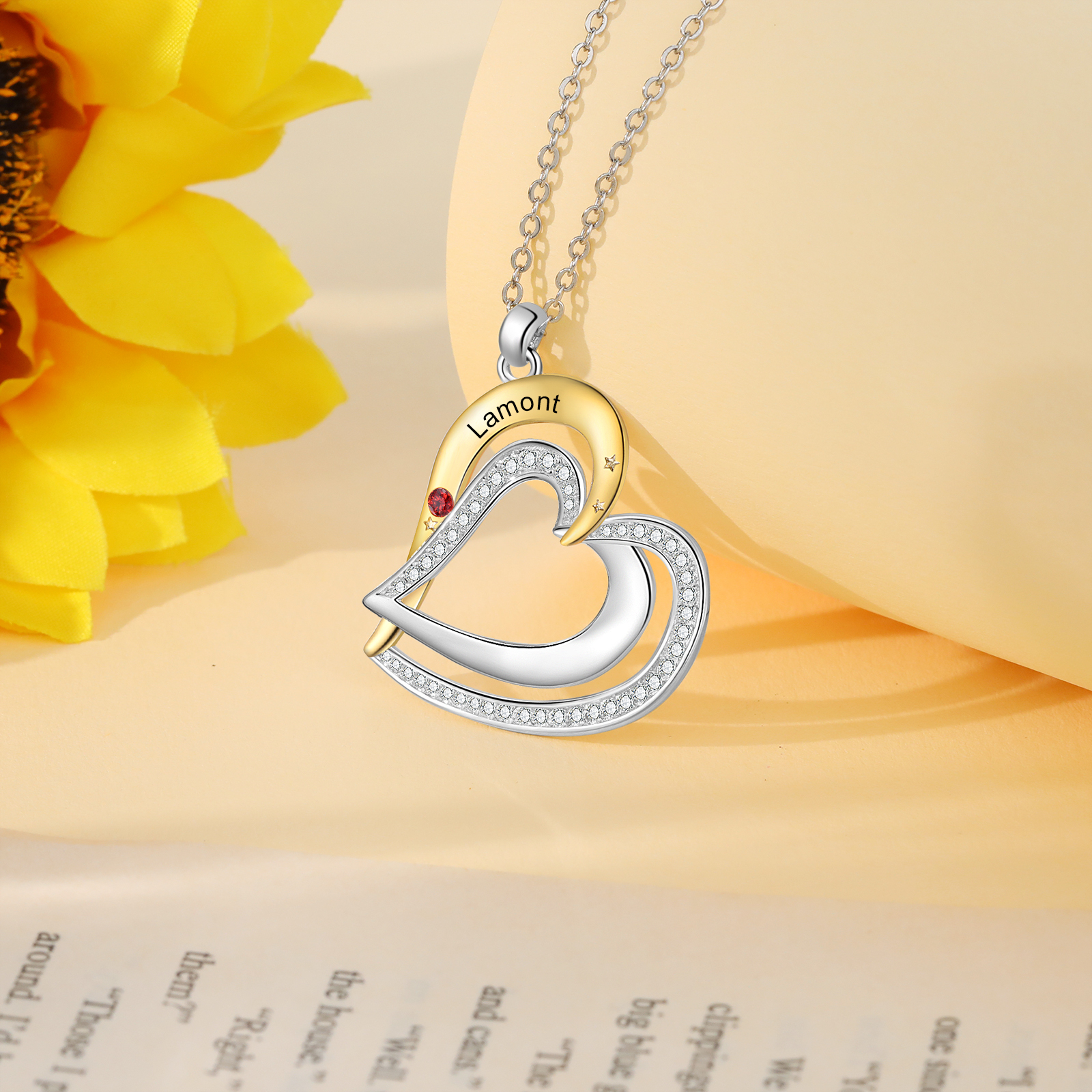 Collar de corazón con 1 nombre y piedra de nacimiento personalizados-Jessemade ES