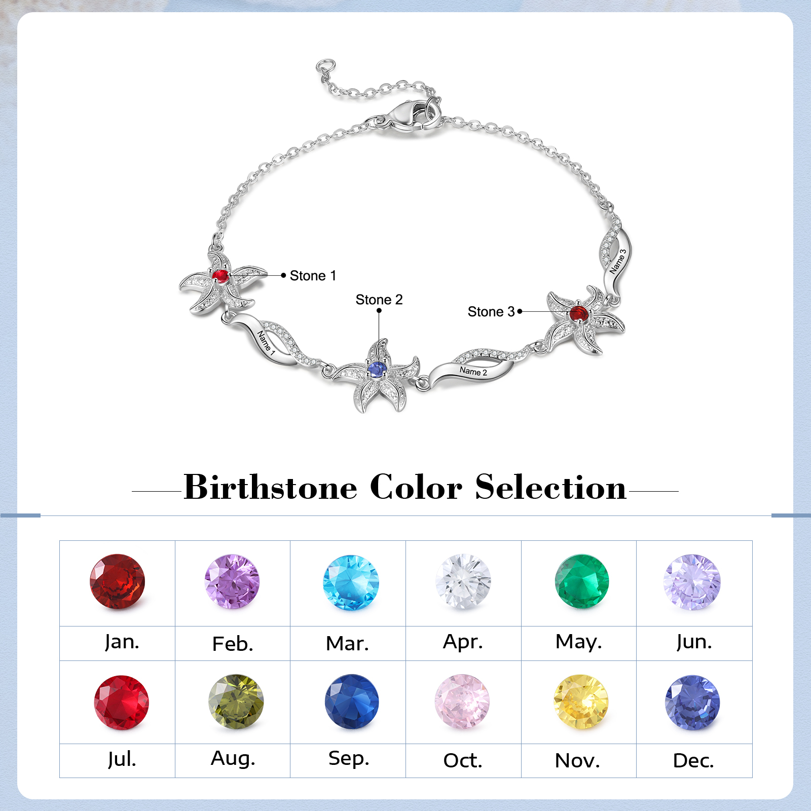 Pulsera con dije de estrella de mar para mujer personalizada con 3 nombres y 3 piedras de nacimiento-Jessemade ES