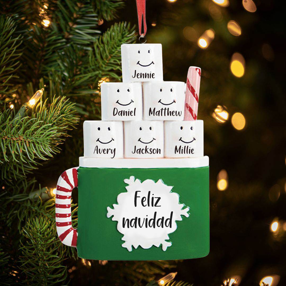 Navidad-Ornamento muñecos navideño de madera taza 6 nombres y 1 texto personalizados adorno del árbol-Jessemade ES