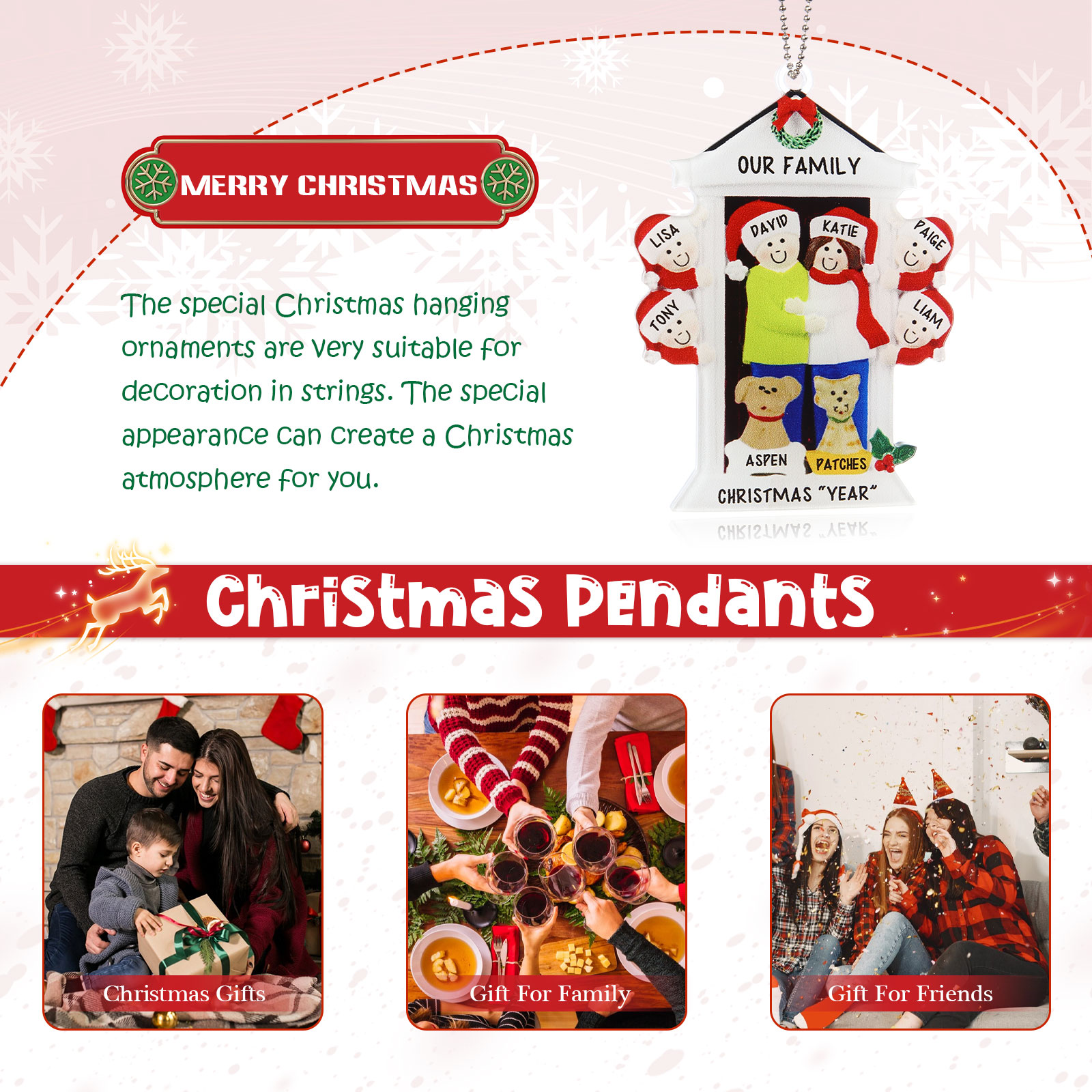 Navidad-Ornamentos Navideños de Acrílico Familia en Puerta con Perro y Gato 8 Nombres Personalizados con 2 Textos-Jessemade ES