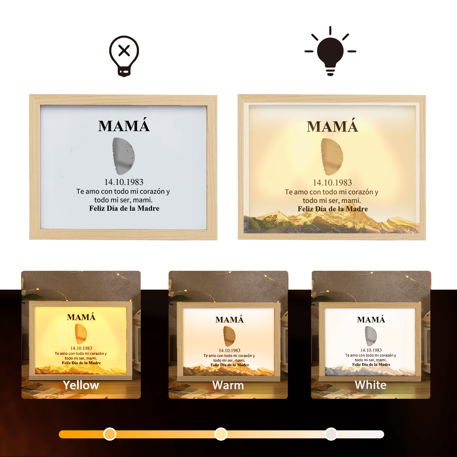 A mi mamá-Marco de luna del día que nació personalizado con fecha y texto con lámpara-Jessemade ES