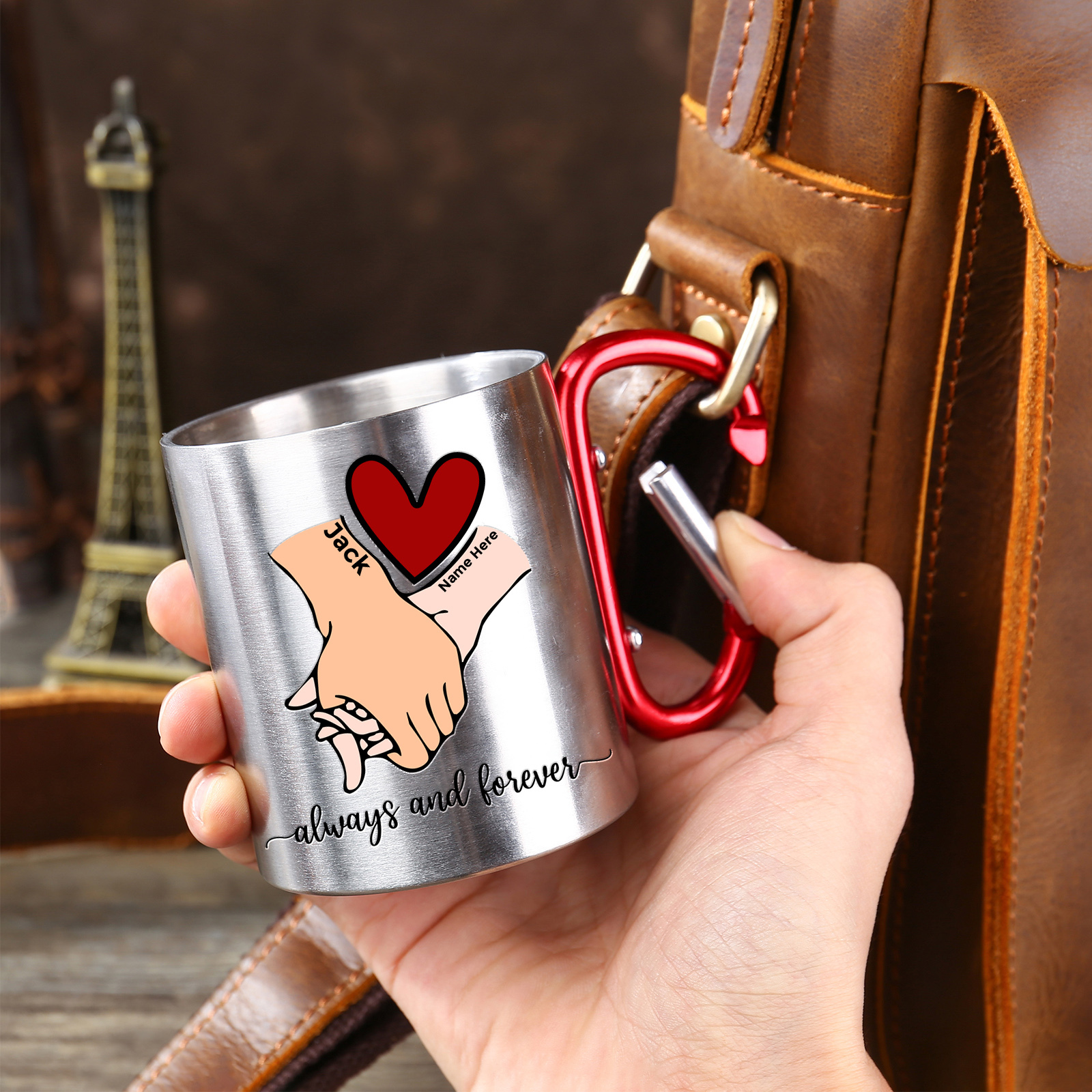 Taza de acero inoxidable actividad al aire libre para pareja manos cogidas 2 nombres personalizados-Jessemade ES