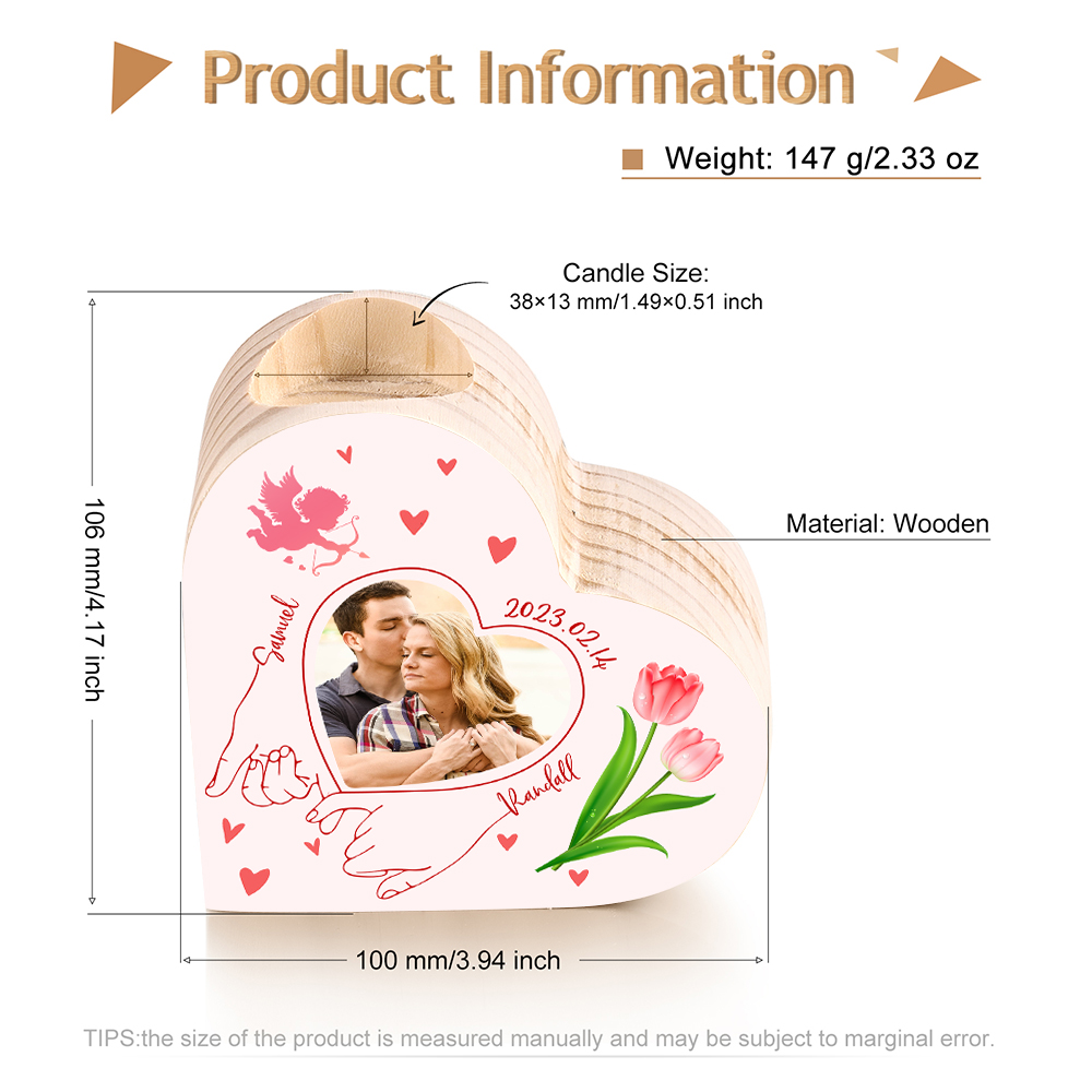 Candelero de madera para pareja con foto sin vela personalizado con nombres y fecha-Jessemade ES