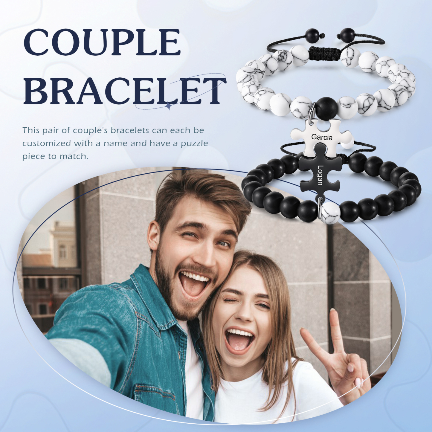Pulseras de turquesas para pareja con dije de rompecabezas nombre personalizado