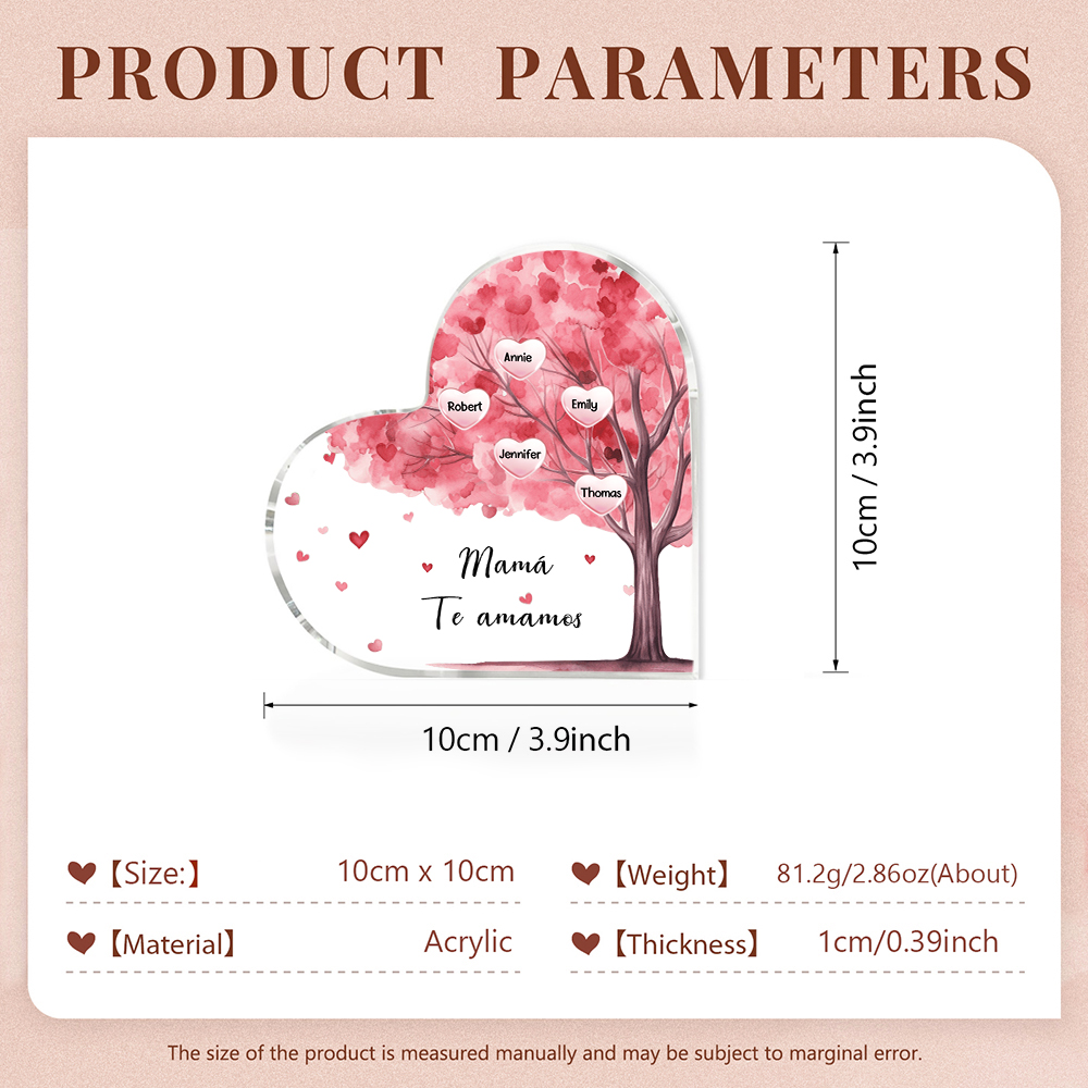 A mi mamá/abuela-Placa de acrílico "Árbol" en forma de corazón 5 nombres y 1 texto personalizados-Jessemade ES