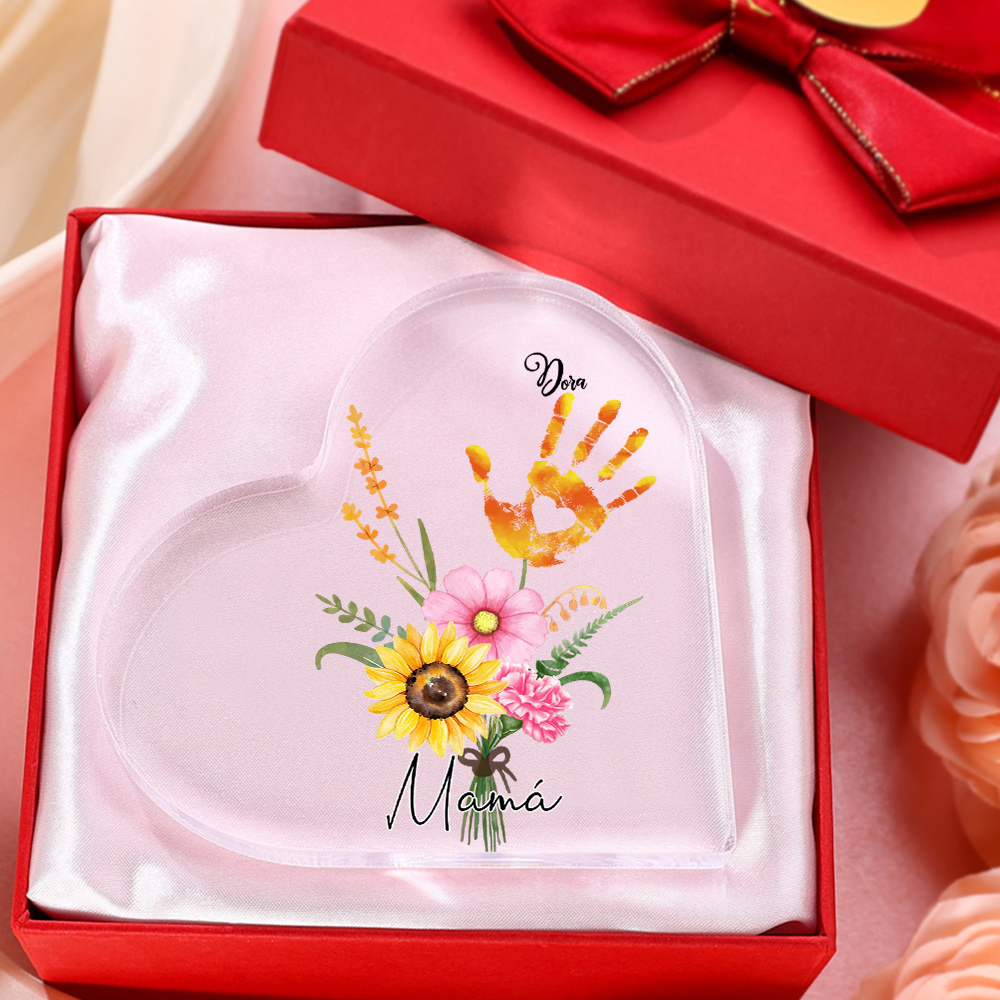 A mi mamá-Placa de acrílico en forma de corazón flor y manitas 1-5 nombres personalizados-Jessemade ES