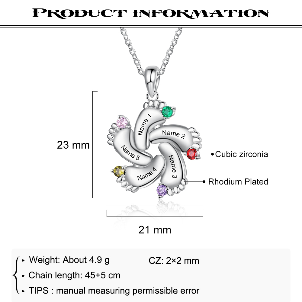 Collar con 5 nombres y 5 piedras de nacimiento personalizados en pies de bebé-Jessemade ES