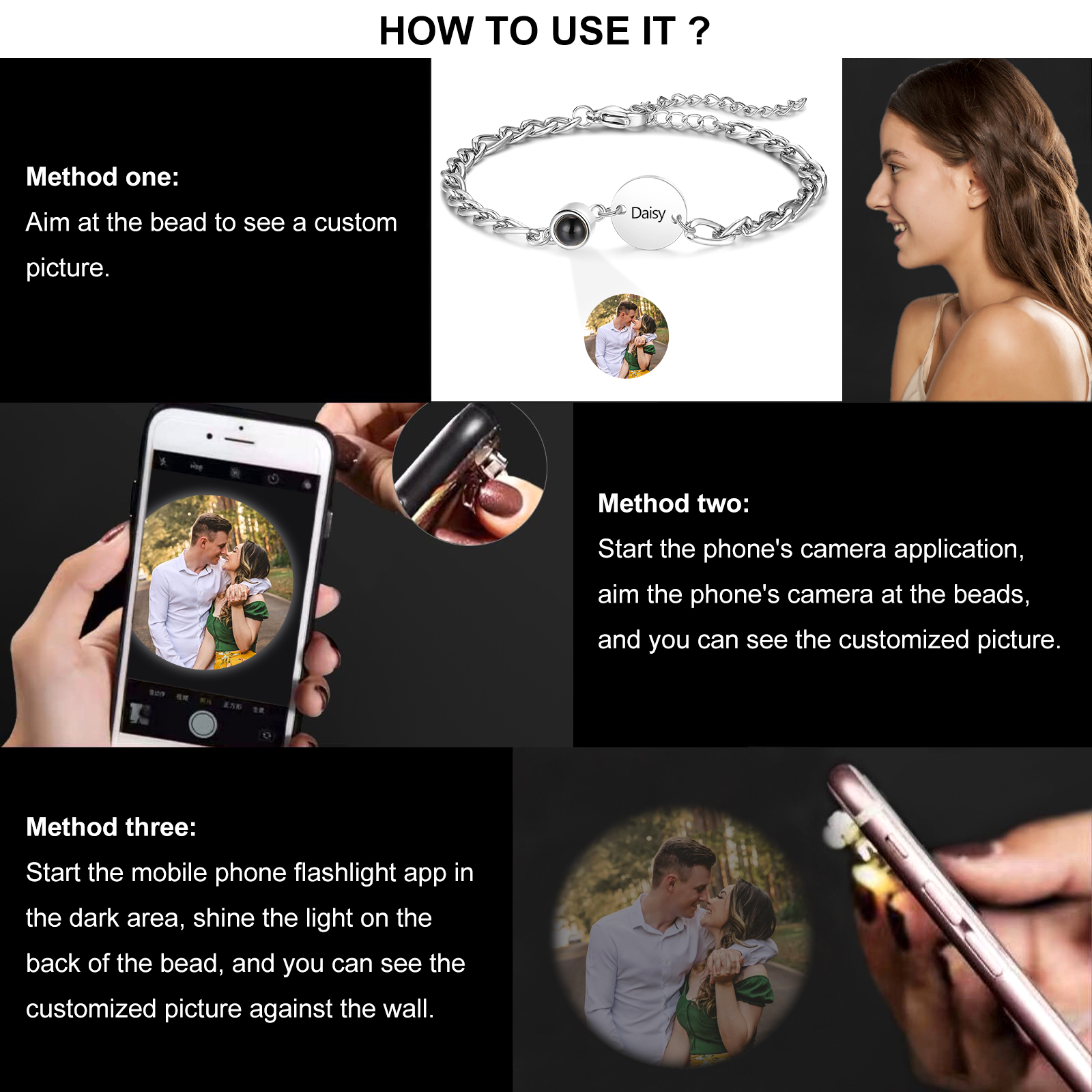 Pulsera con proyección de foto en color para mujer personalizada con 1 nombre Brazalete de proyección-Jessemade ES