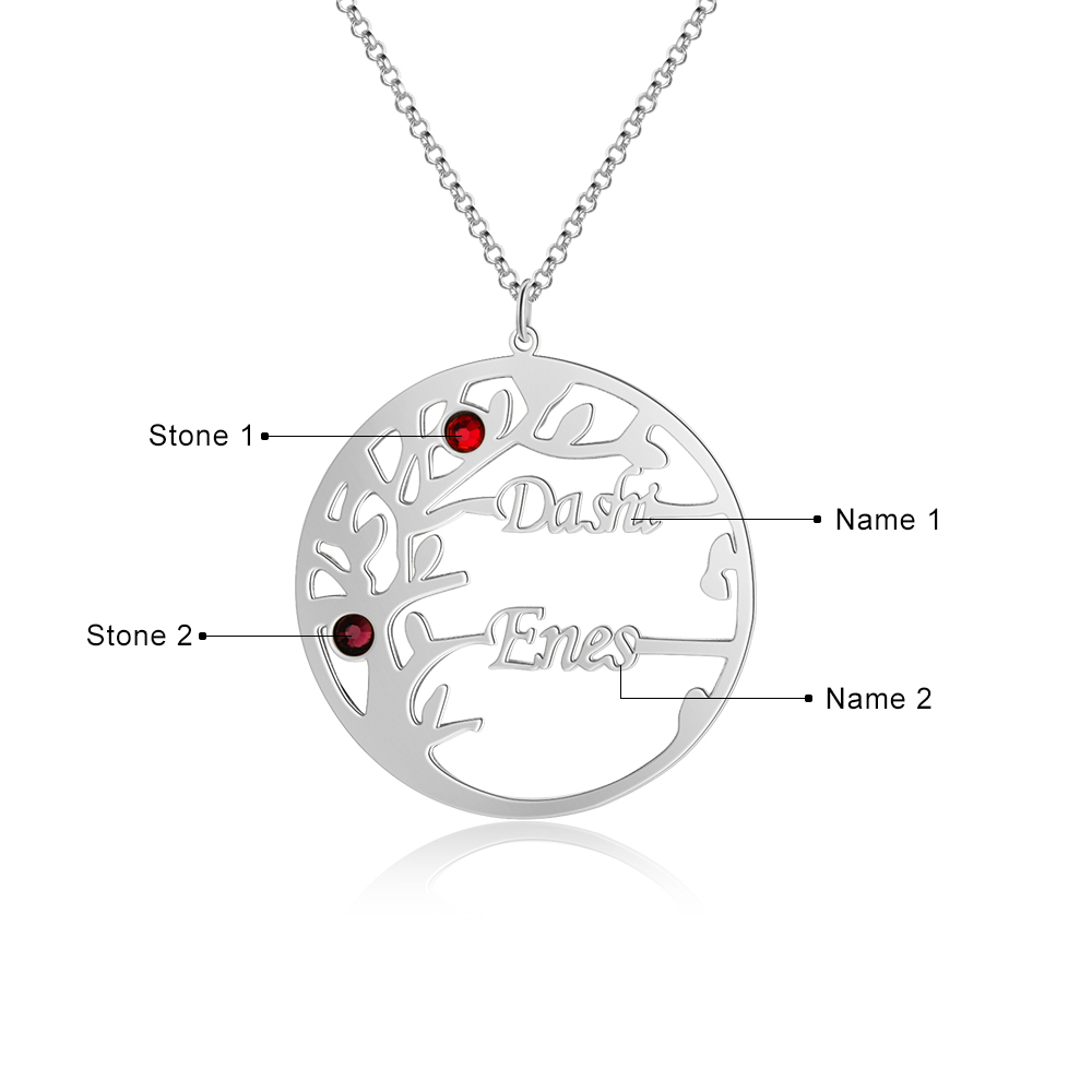 Collar de plata 925 Árbol de la Vida Árbol Genealógico 2 nombres y 2 piedras de nacimiento-Jessemade ES
