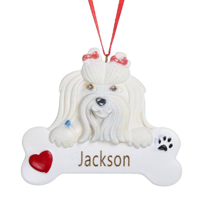 Navidad-Ornamento navideño de resina mascota perro Bichón maltés 1 nombre personalizado adorno del árbol-Jessemade ES