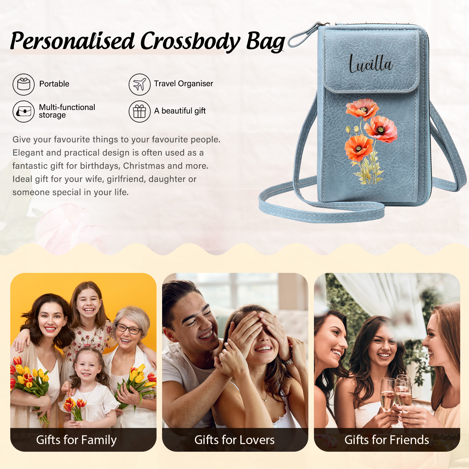 Cartera, billetera con 1 nombre y 1 flor de nacimiento personalizados monedero clásico para mujer-Jessemade ES