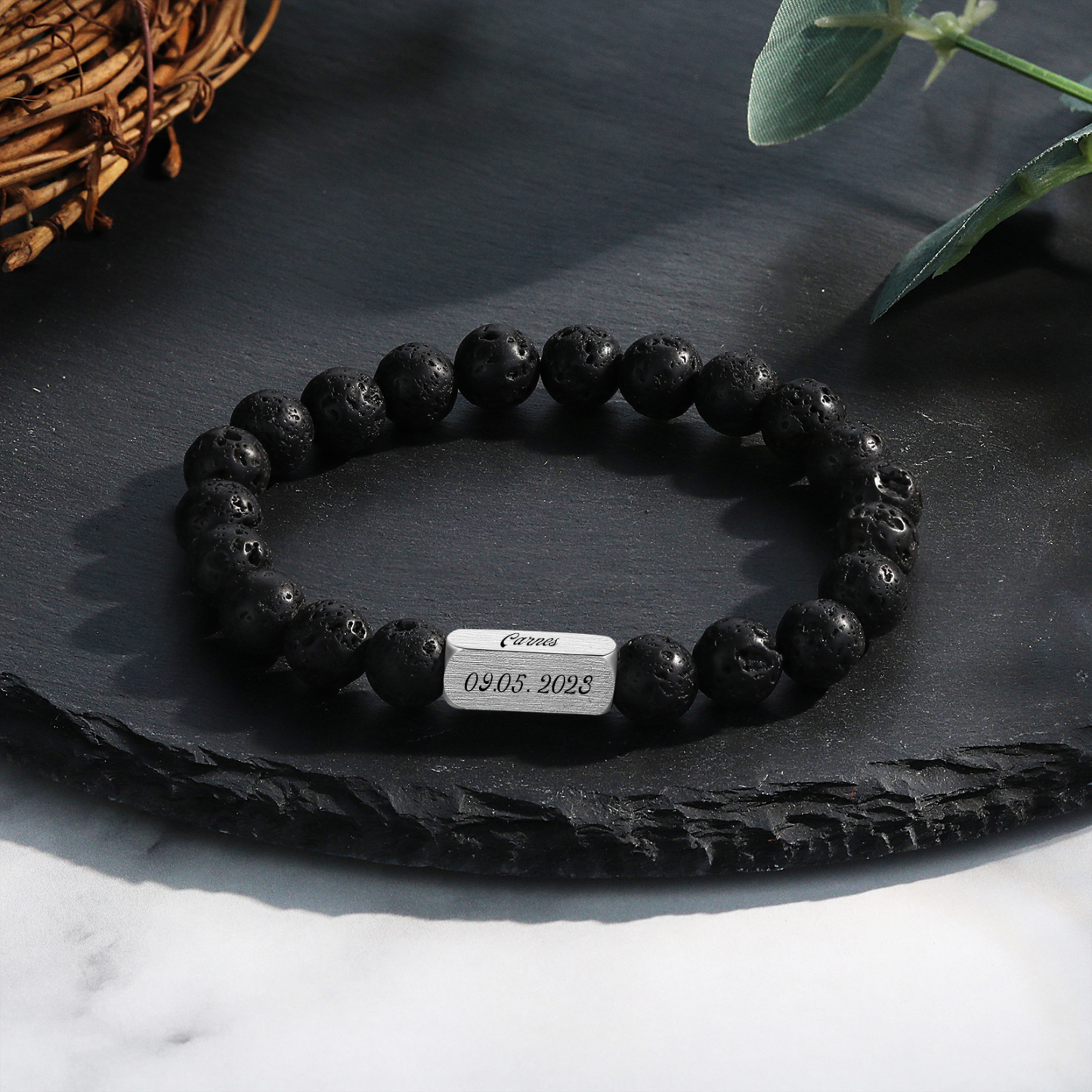Pulsera de perlas personalizada con nombre y fecha para hombre-Jessemade ES