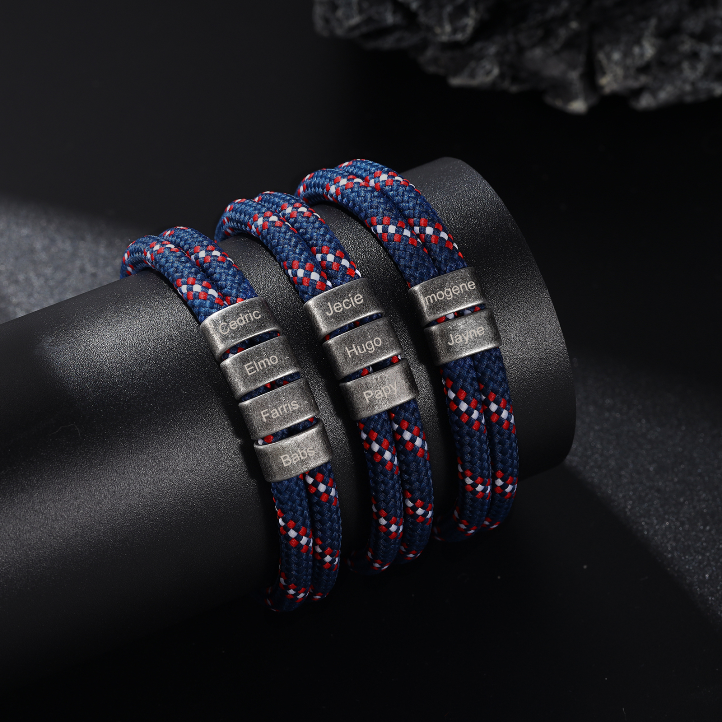 2-4 Nombres Personalizados Pulsera de Cuerda Azul Marino con Rojo y Blanco Aros de Acero Inoxidable-Jessemade ES