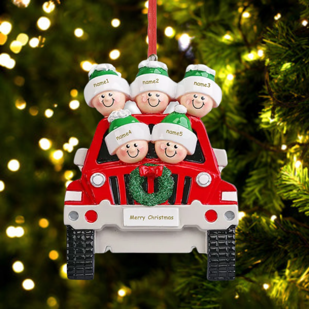 Navidad-Ornamentos con Muñecos Navideños en Coche 5 Nombres con Texto Personalizados Adorno de Resina