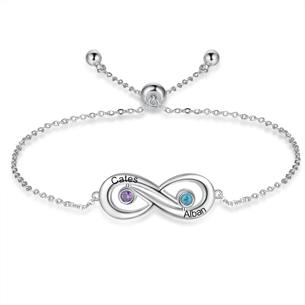 Pulsera infinito ajustable con 2 piedras de nacimiento y 2 nombres personalizados