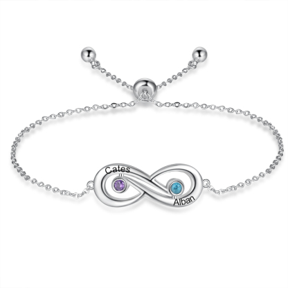 Pulsera infinito ajustable con 2 piedras de nacimiento y 2 nombres personalizados