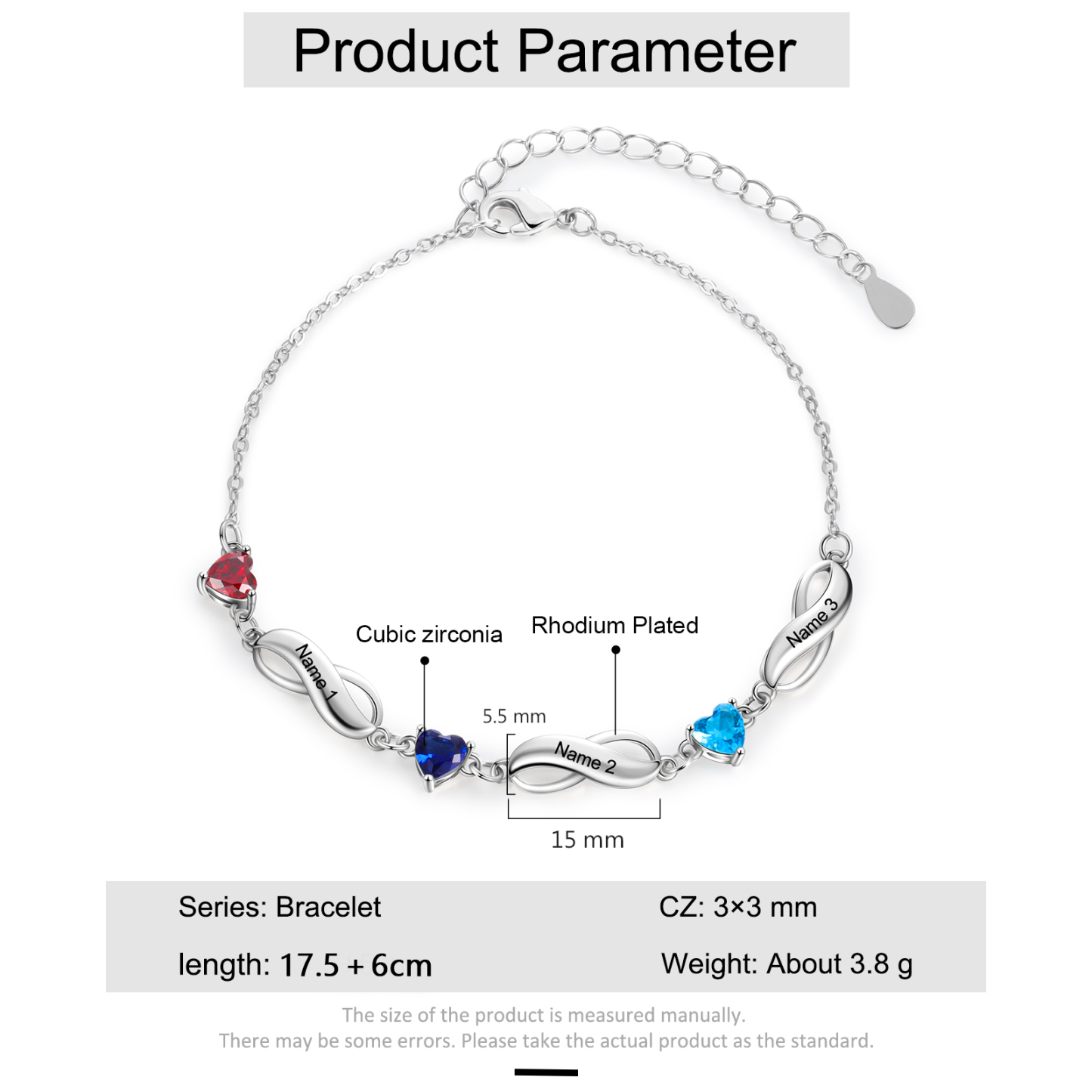 Pulsera "infinito" personalizada con 3 nombres y 3 piedras de nacimiento de corazón-Jessemade ES