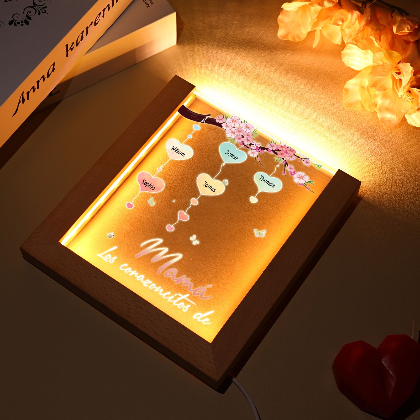 A mi mamá/abuela-Lámpara Personalizada con 2-8 Nombres y Texto "árbol y corazones" 3D Ilusión Luz de Noche-Jessemade ES