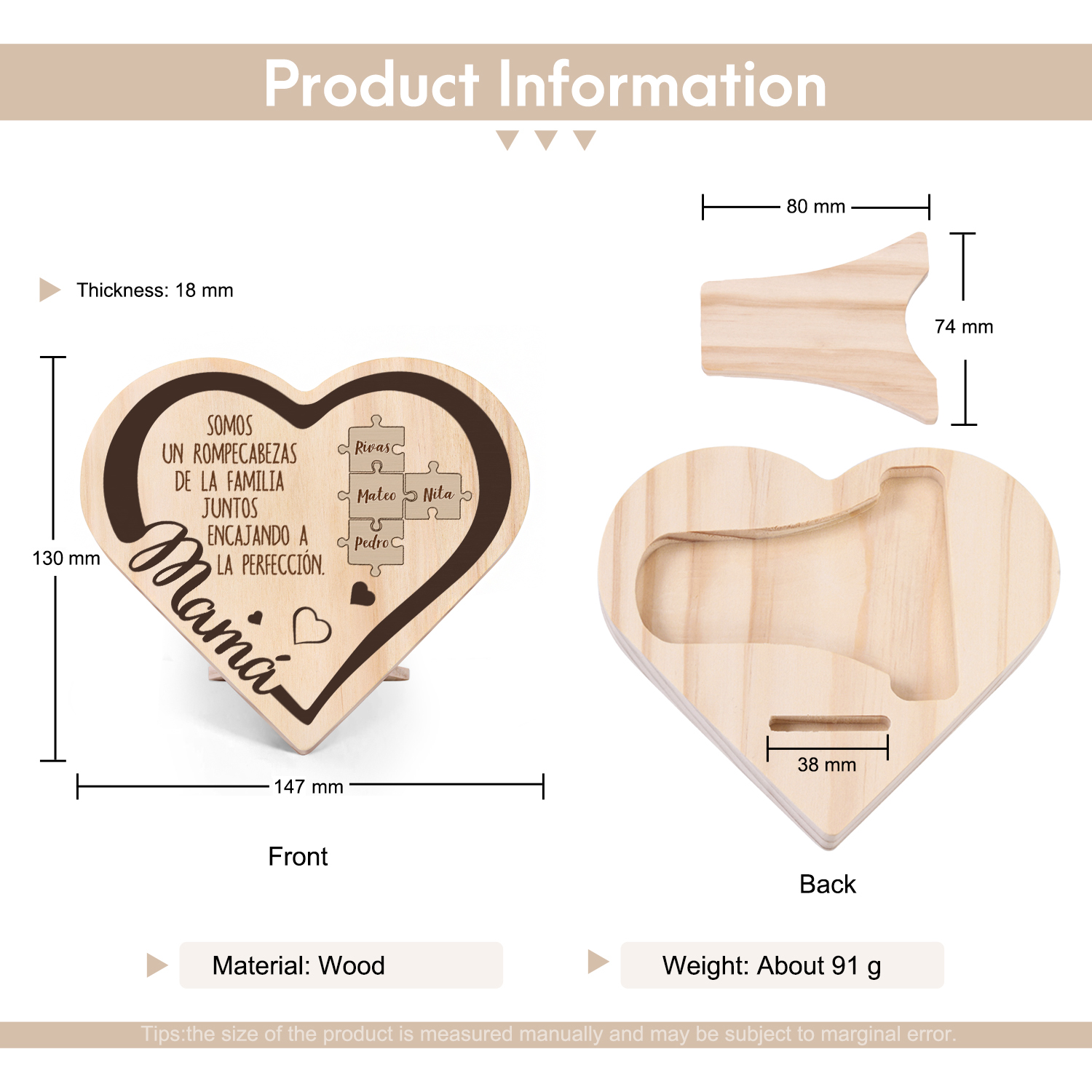 Adorno personalizado con 2-6 nombres decoración de madera en forma de corazón para mi mamá-Jessemade ES