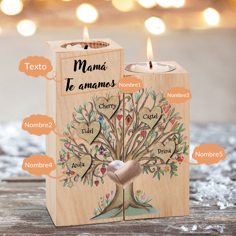 A la familia-Candelero de árbol de la vida de madera personalizado con 3-8 nombres y 1 texto sin vela-Jessemade ES